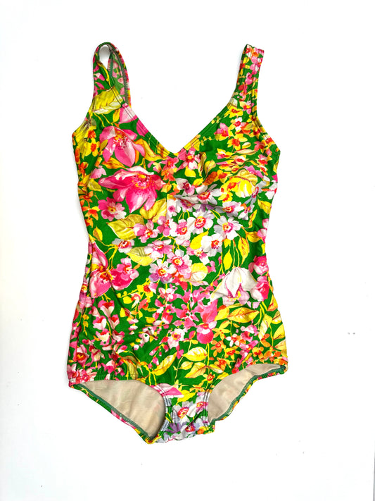 Vintage Swimsuit in Green Tropical Floral Print