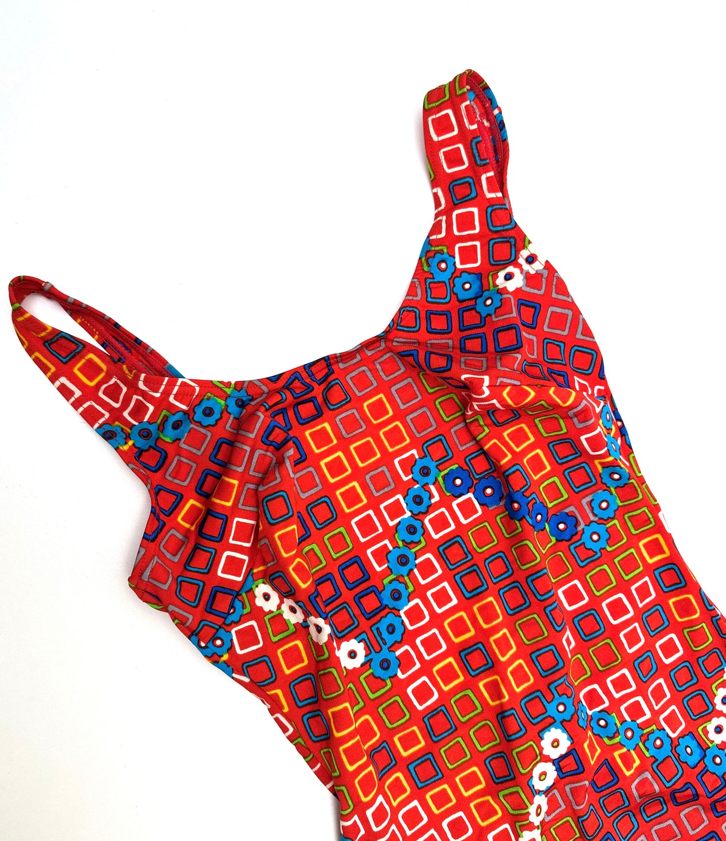 Vintage 70s Swimsuit in Red Square Print