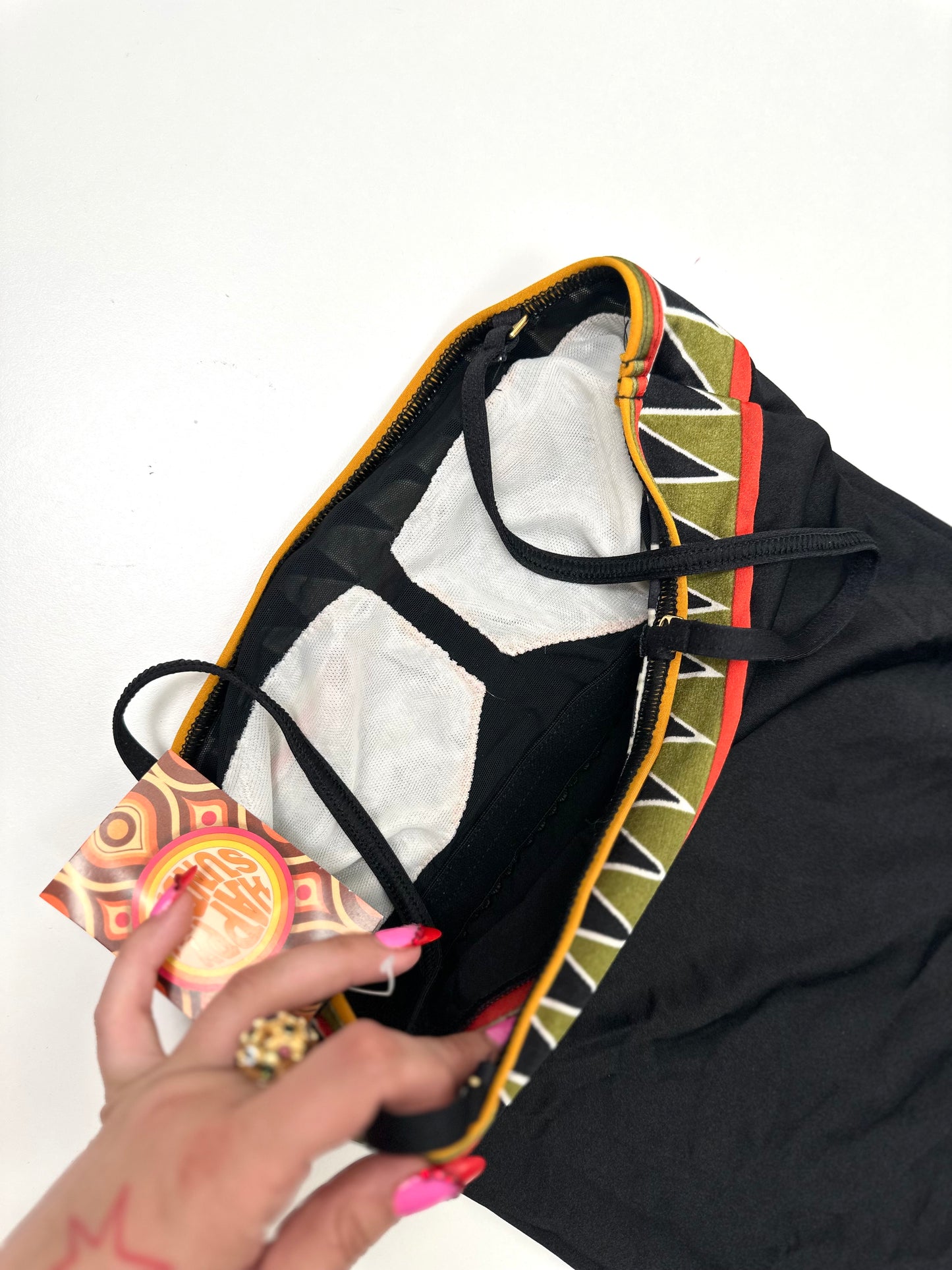 Vintage Black Strappy Swimsuit with Geometric Panel