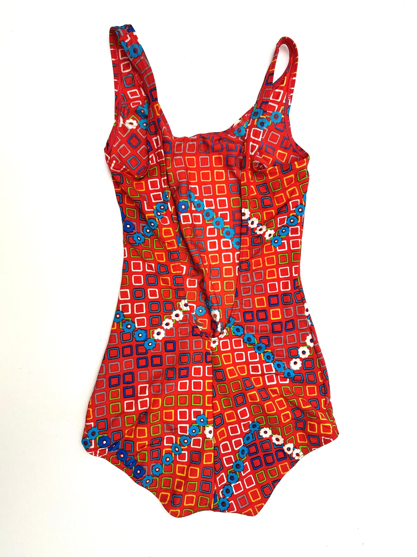 Vintage 70s Swimsuit in Red Square Print