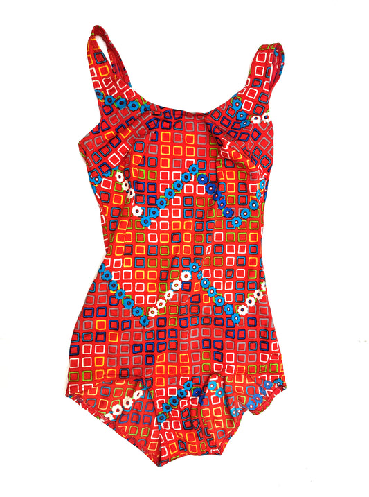 Vintage 70s Swimsuit in Red Square Print