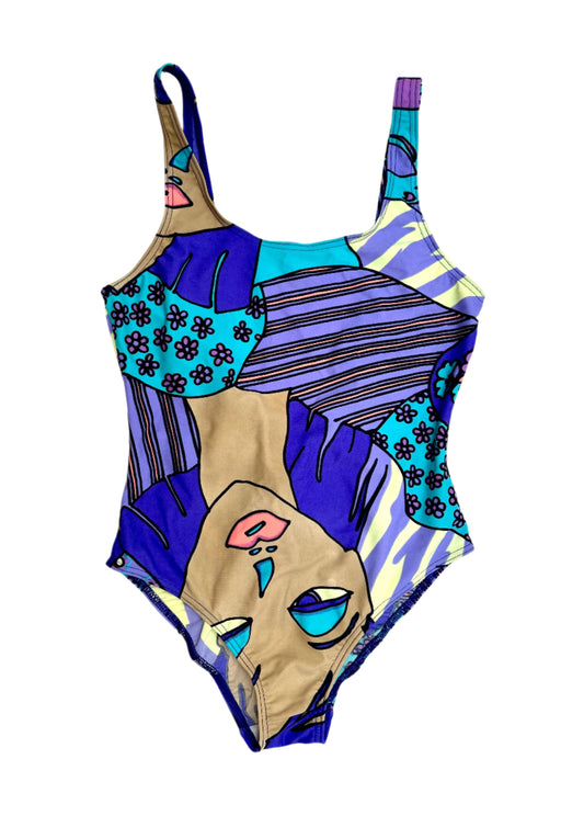 Vintage Swimsuit in Blue Face Print