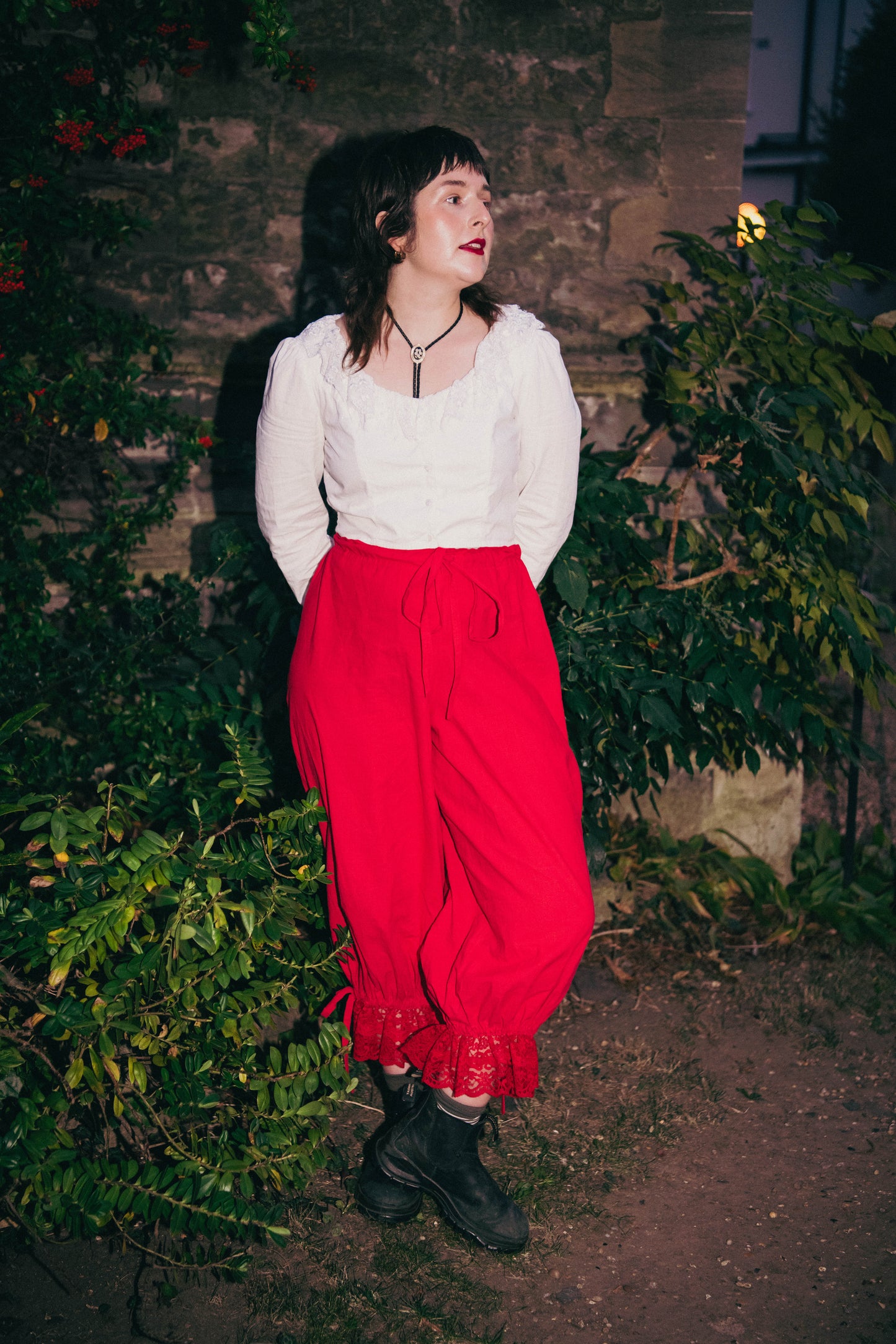 Bloomer Trousers | Red Linen with Vintage Lace | Made to order
