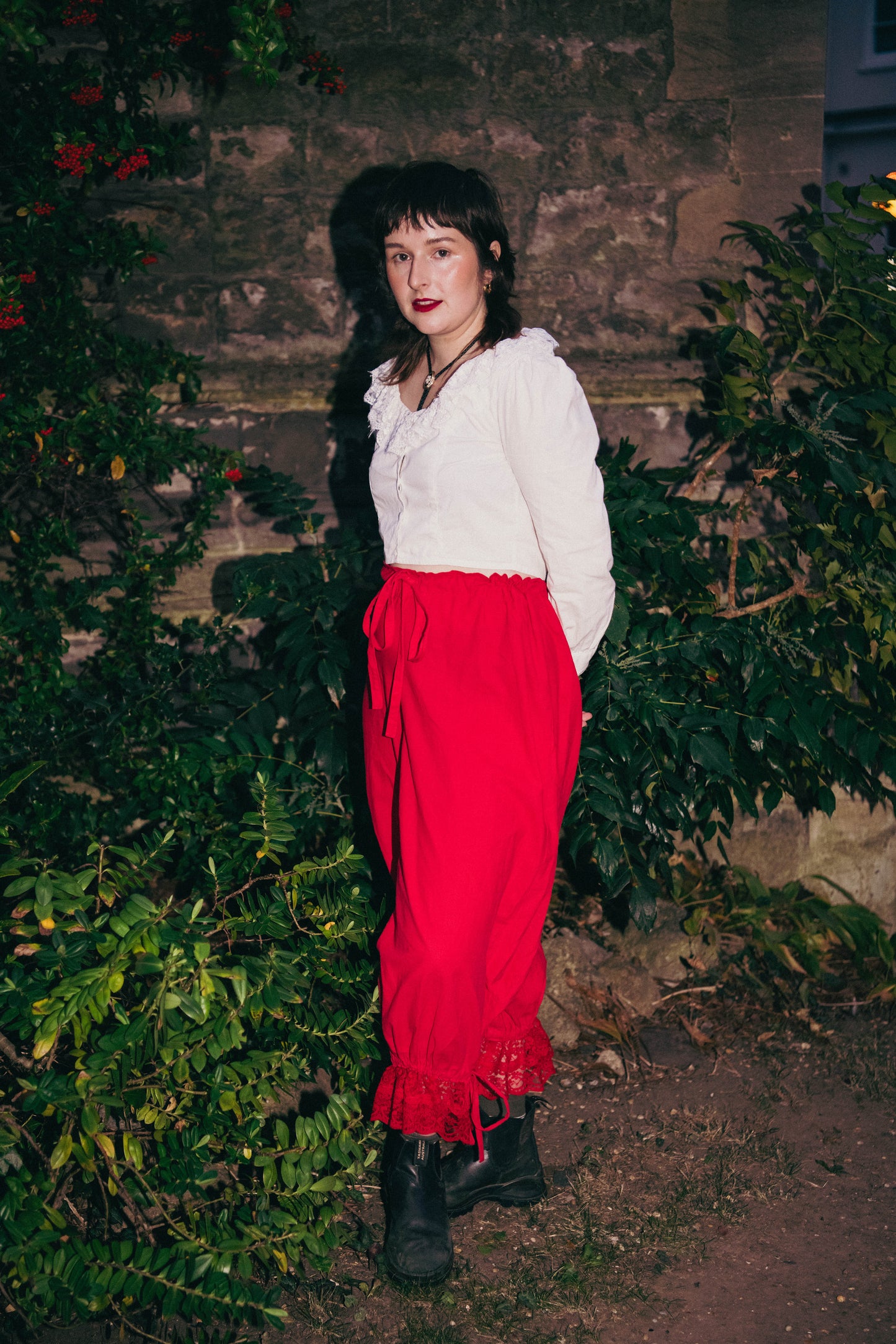 Bloomer Trousers | Red Linen with Vintage Lace | Made to order