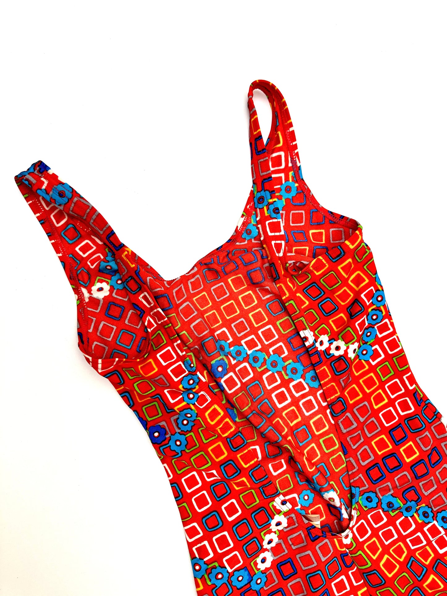 Vintage 70s Swimsuit in Red Square Print