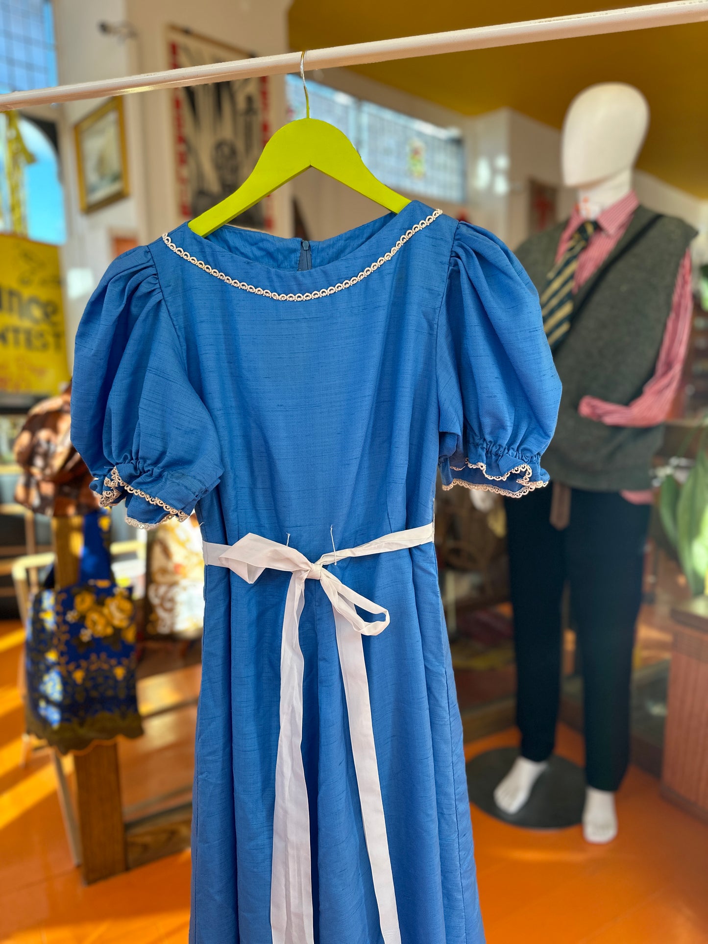 Vintage Blue Puff Sleeve Maxi Dress with Lace Trim