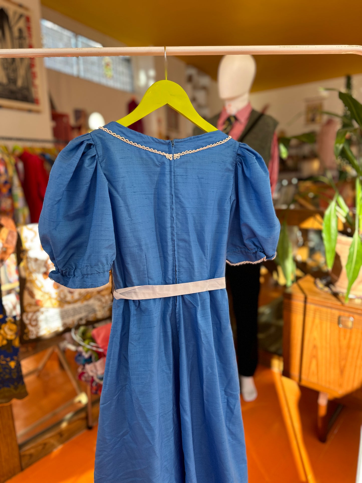 Vintage Blue Puff Sleeve Maxi Dress with Lace Trim