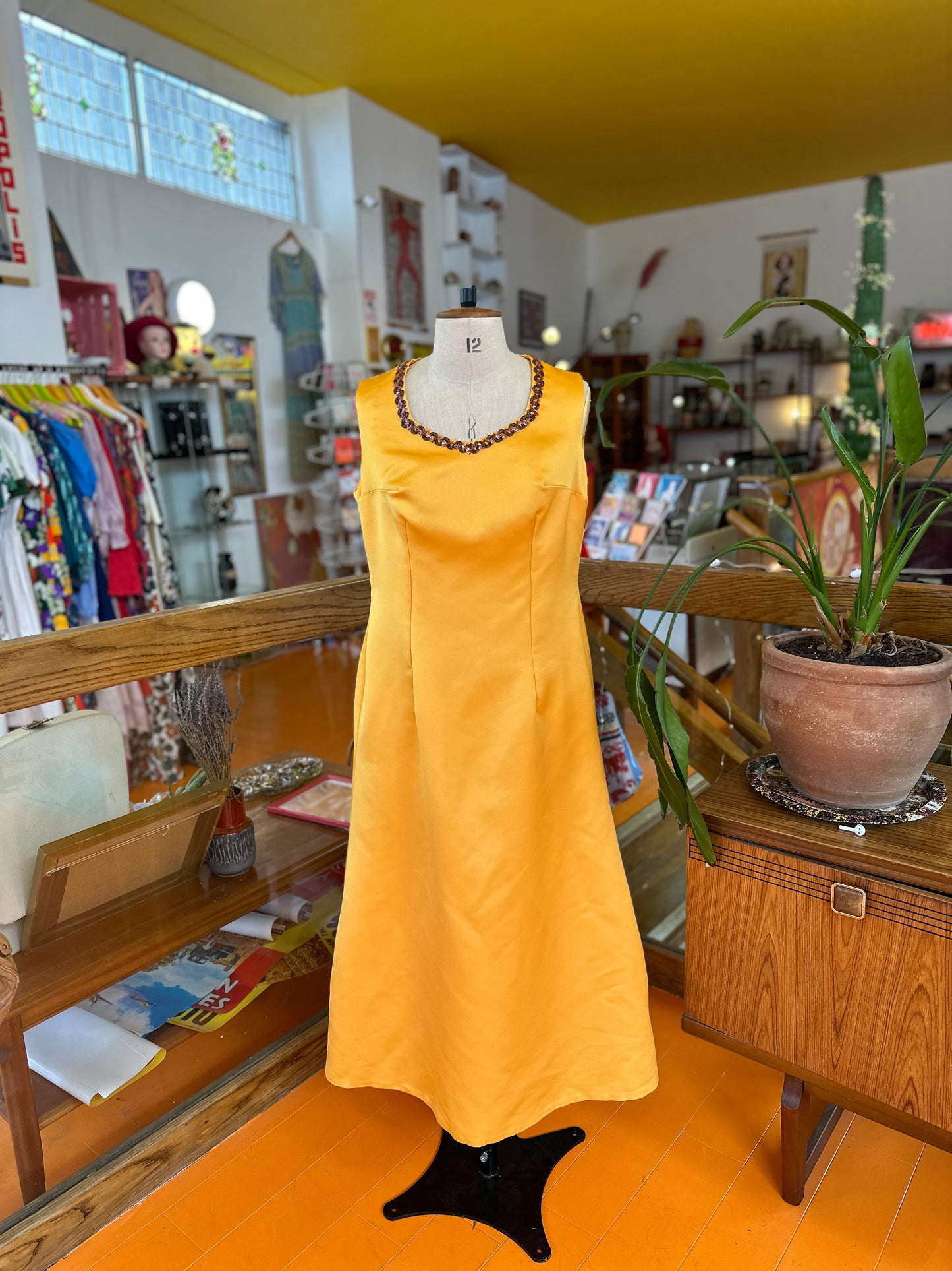 Vintage Yellow Maxi Dress with Trim Detail