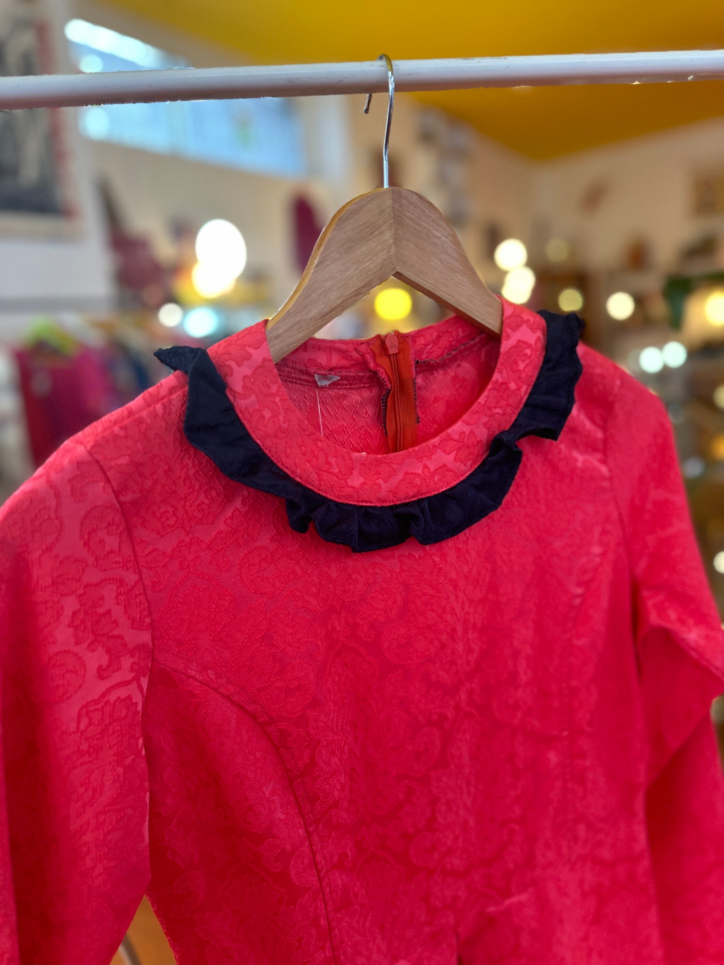 Vintage Pink Maxi Dress with Navy Frill Neck