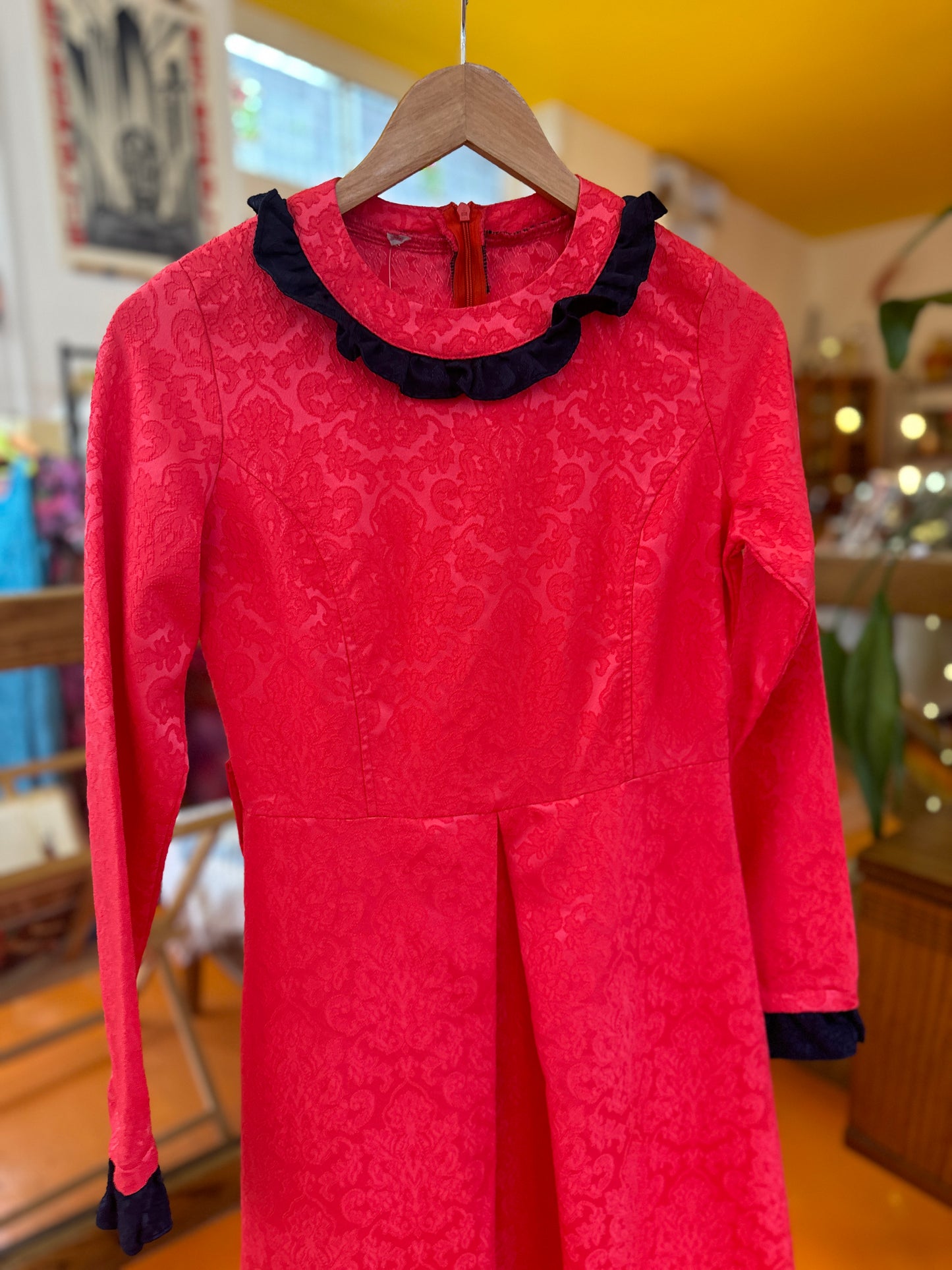 Vintage Pink Maxi Dress with Navy Frill Neck