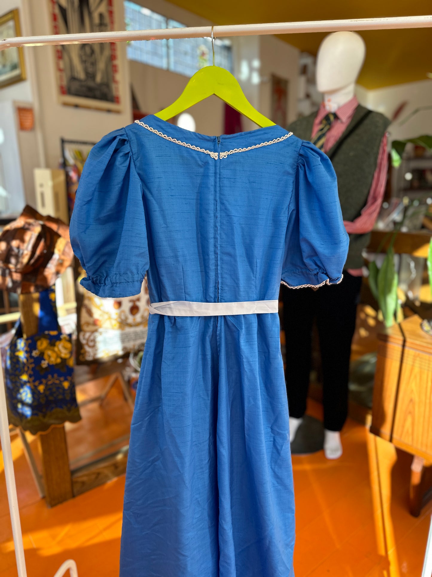 Vintage Blue Puff Sleeve Maxi Dress with Lace Trim