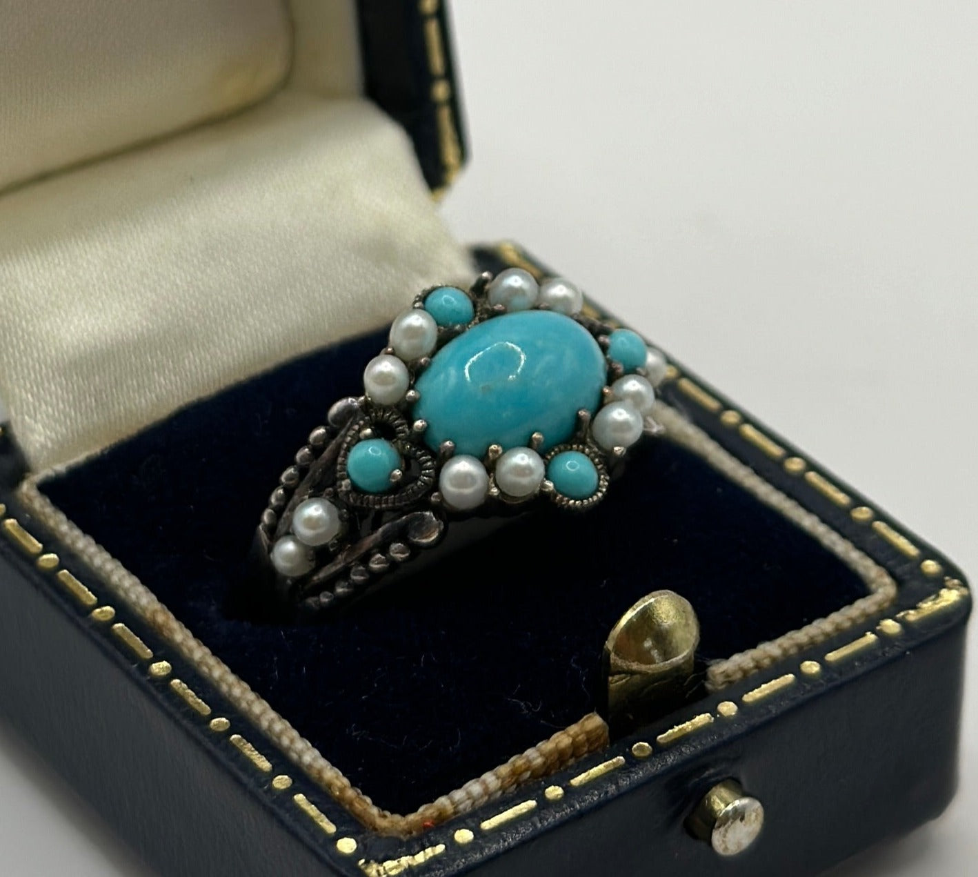 =Vintage Sterling Silver Ring with Turquoise and Pearls UK Size P