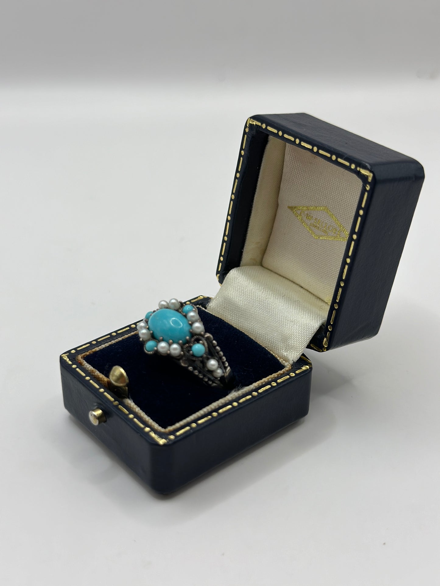 =Vintage Sterling Silver Ring with Turquoise and Pearls UK Size P