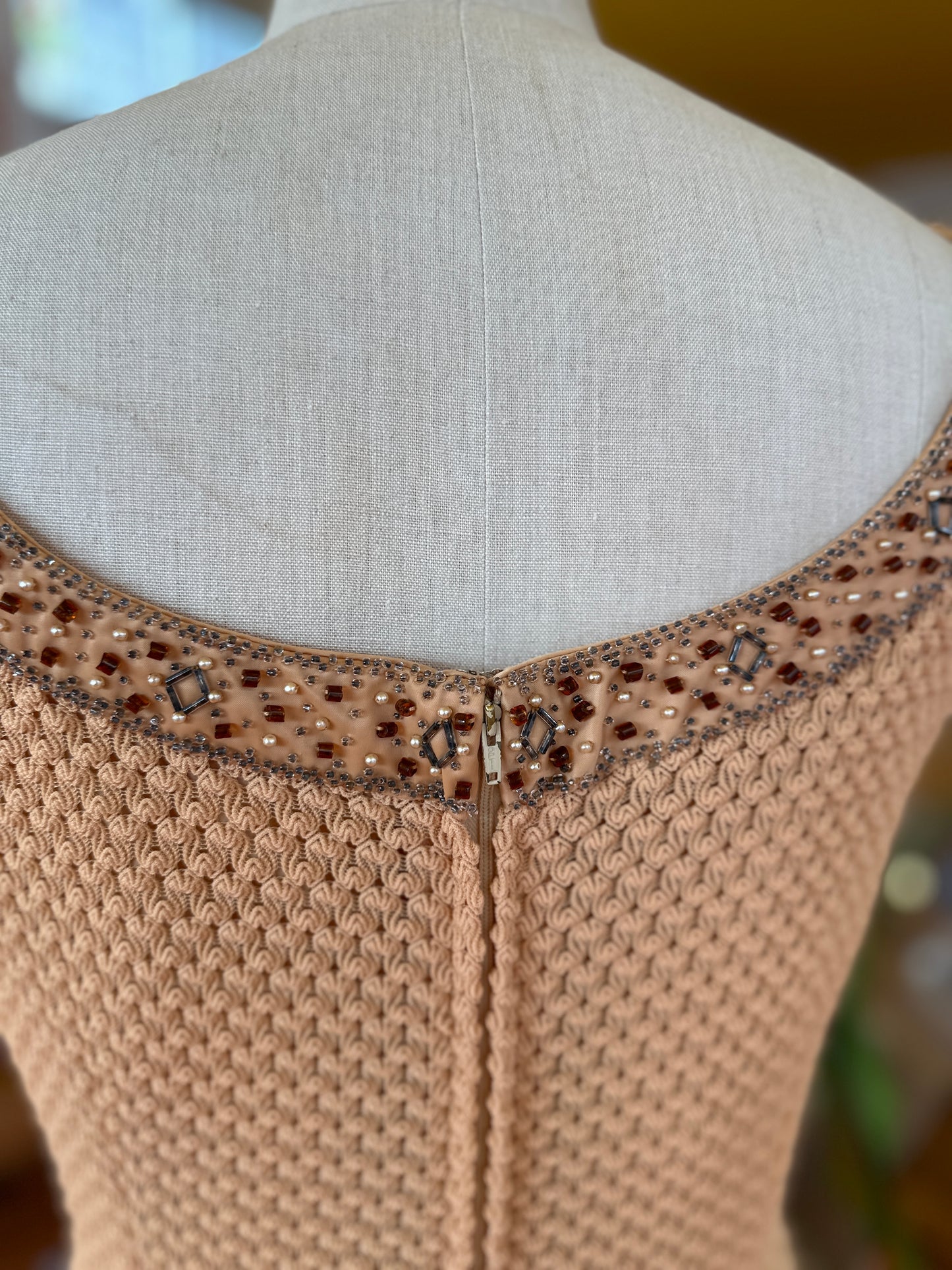 70s Shift Dress with Embellished Neckline by Dobbet