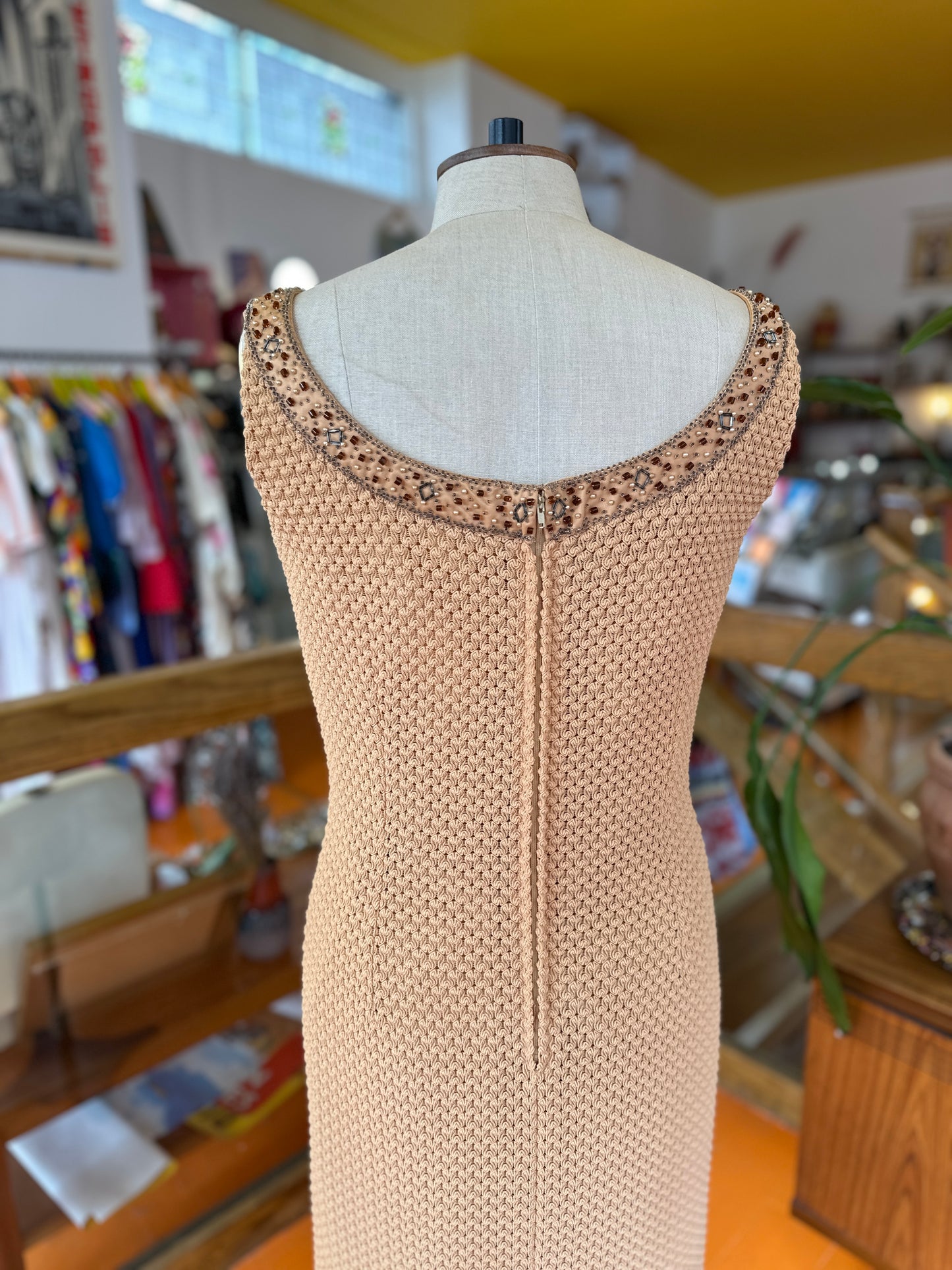 70s Shift Dress with Embellished Neckline by Dobbet