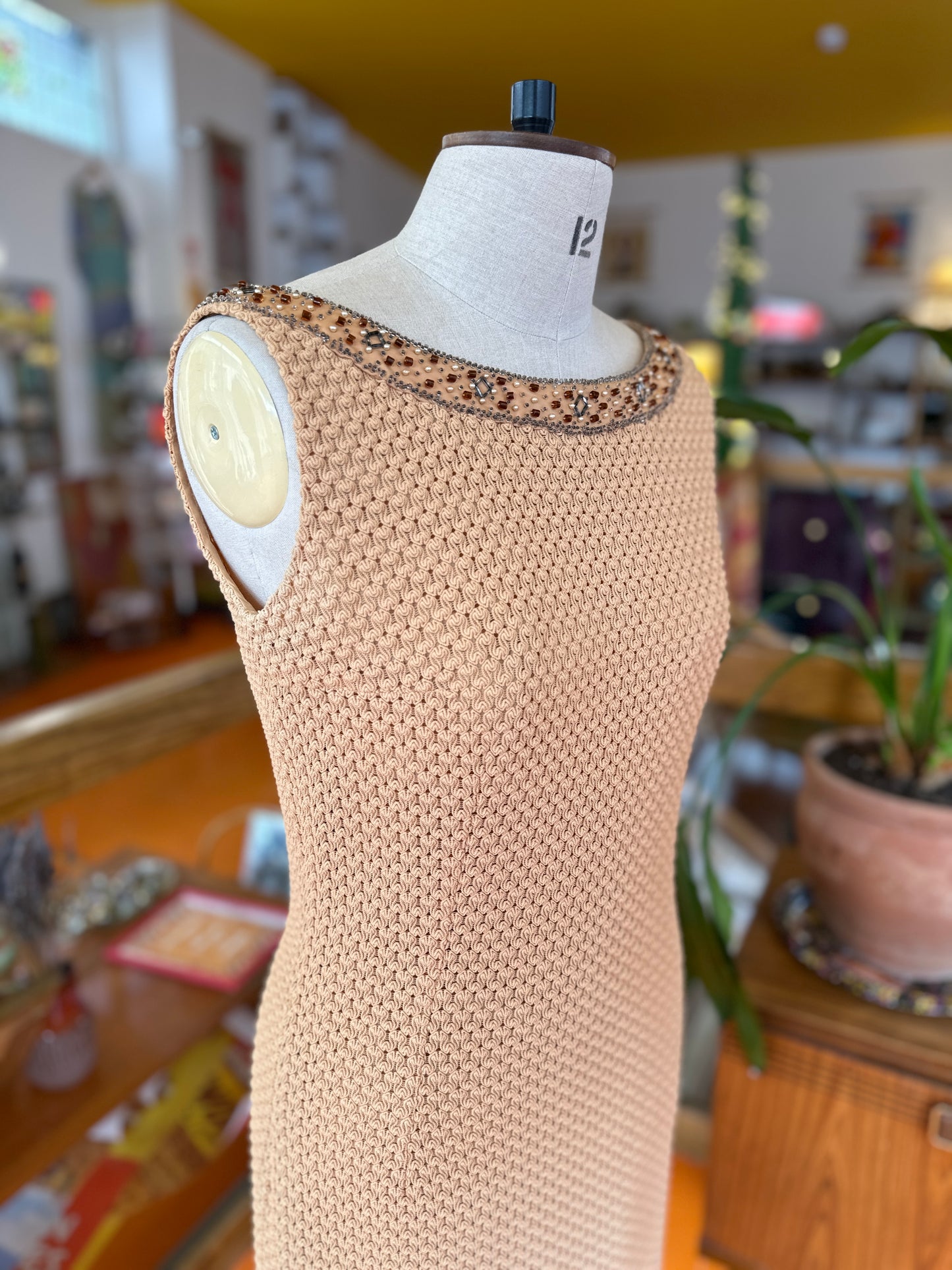70s Shift Dress with Embellished Neckline by Dobbet