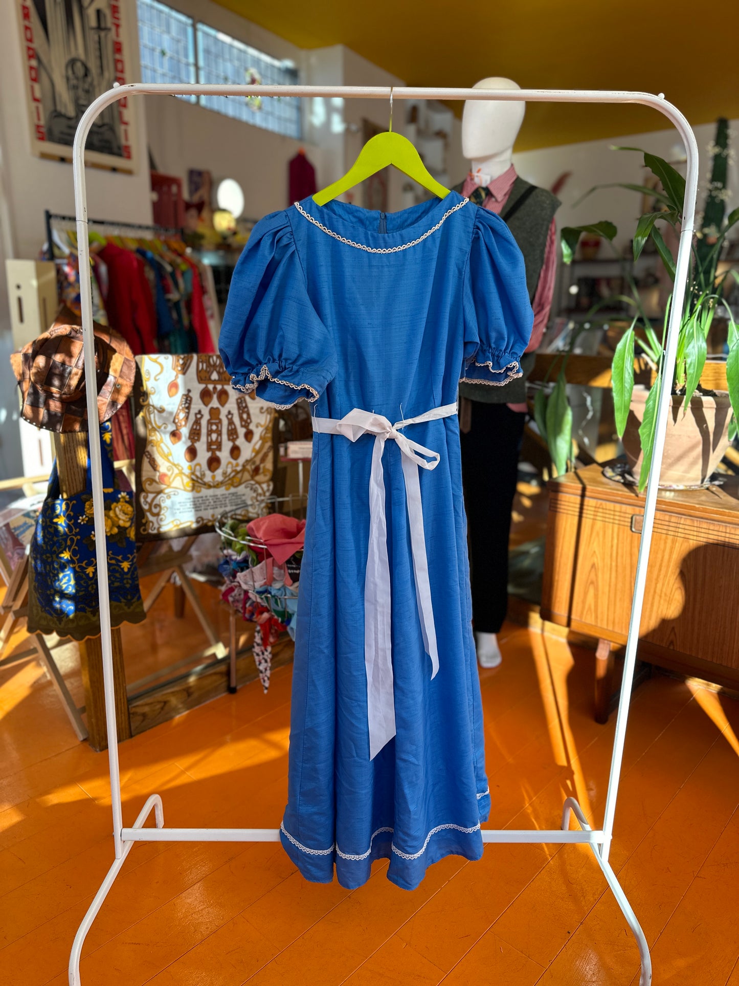 Vintage Blue Puff Sleeve Maxi Dress with Lace Trim