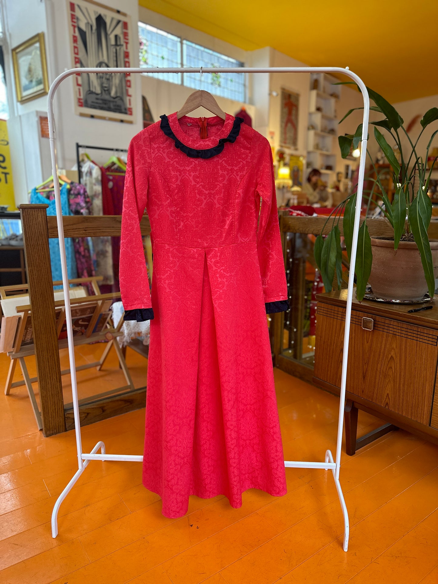 Vintage Pink Maxi Dress with Navy Frill Neck