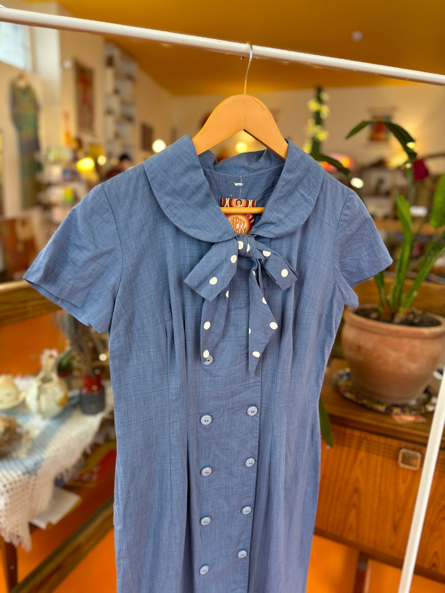 50s Blue Double Breasted Dress with bow