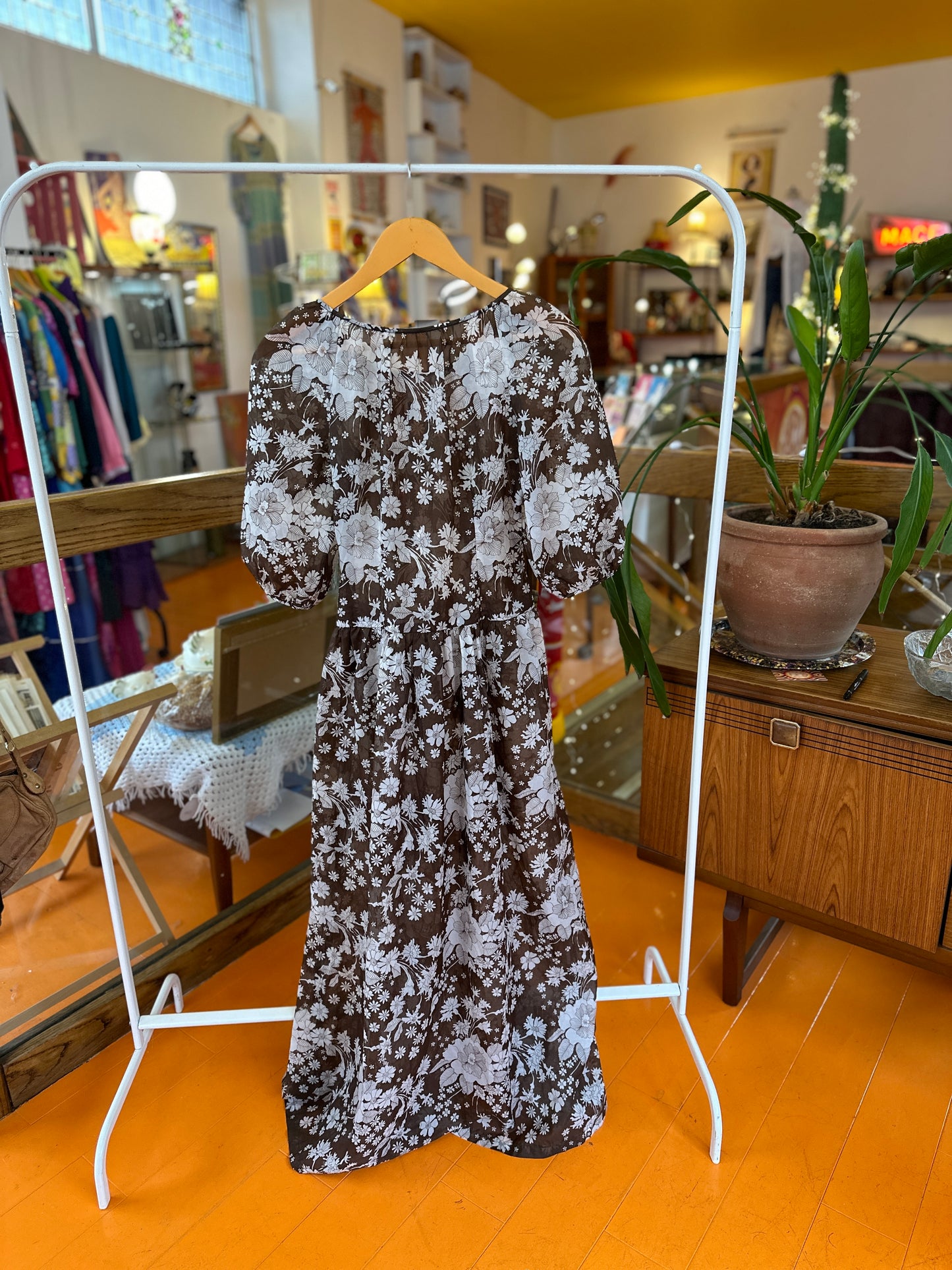 70s Sheer Maxi Dress in Brown Floral