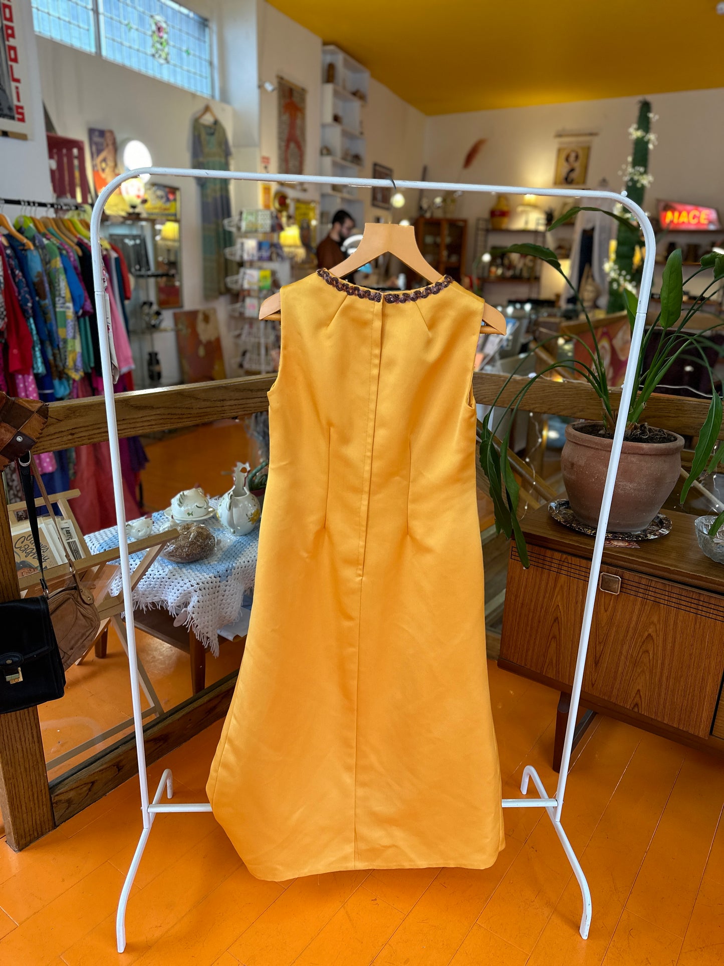 Vintage Yellow Maxi Dress with Trim Detail