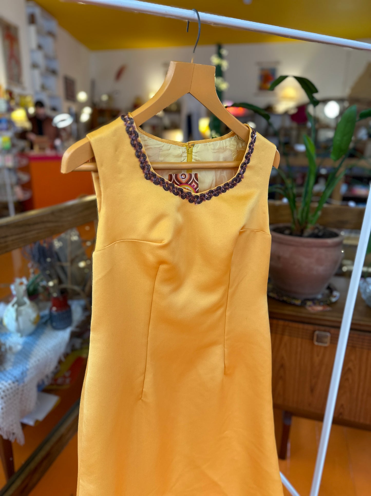 Vintage Yellow Maxi Dress with Trim Detail