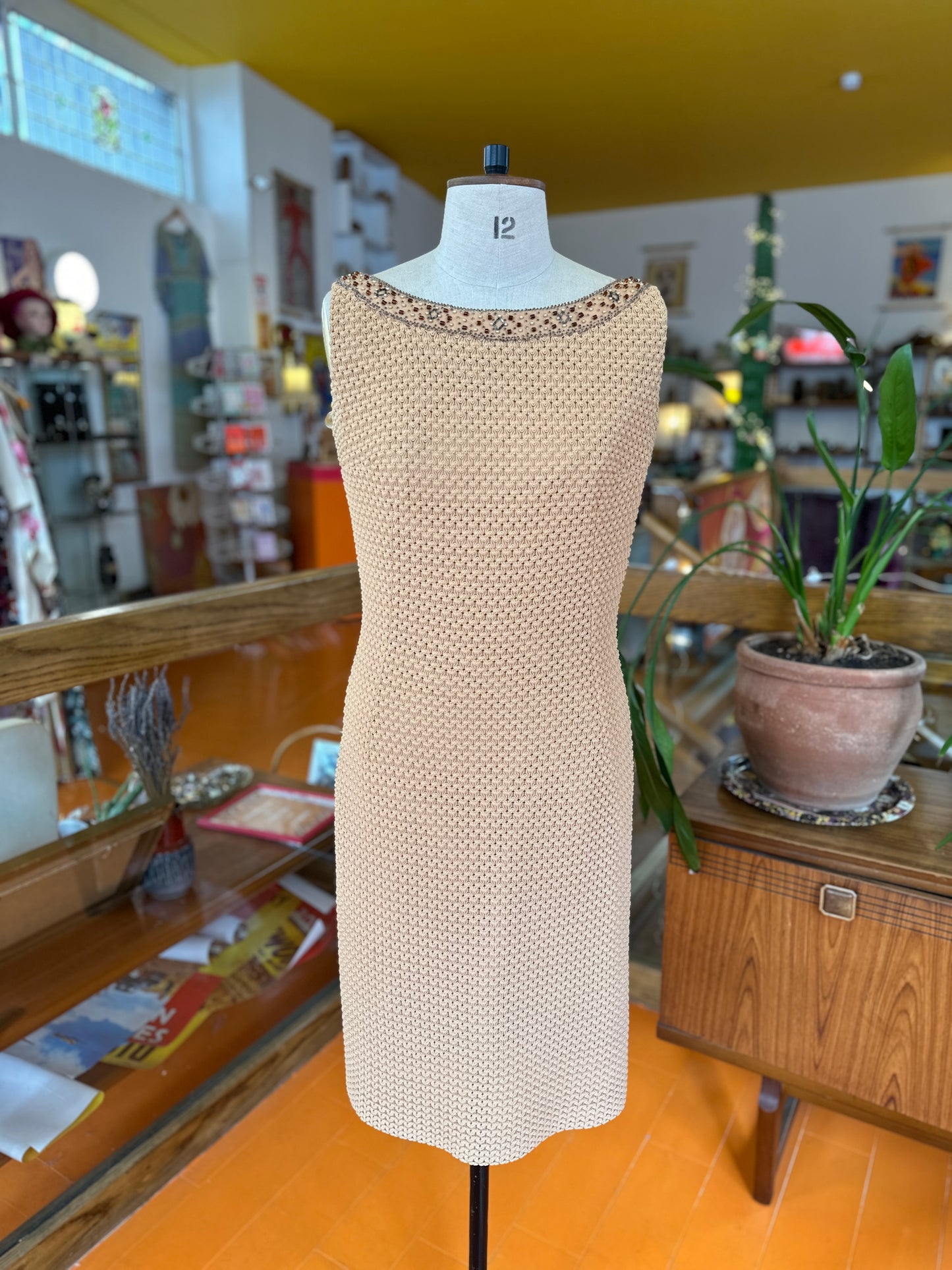 70s Shift Dress with Embellished Neckline by Dobbet