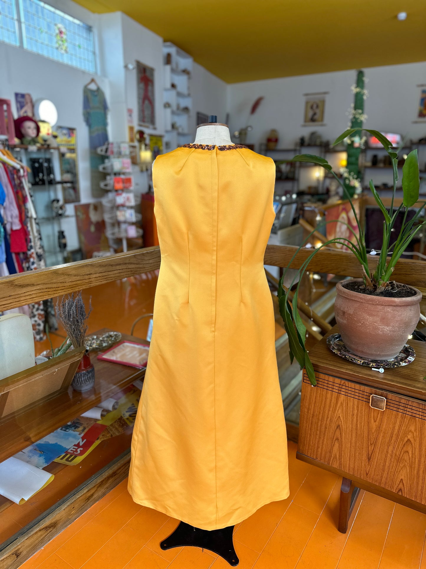 Vintage Yellow Maxi Dress with Trim Detail