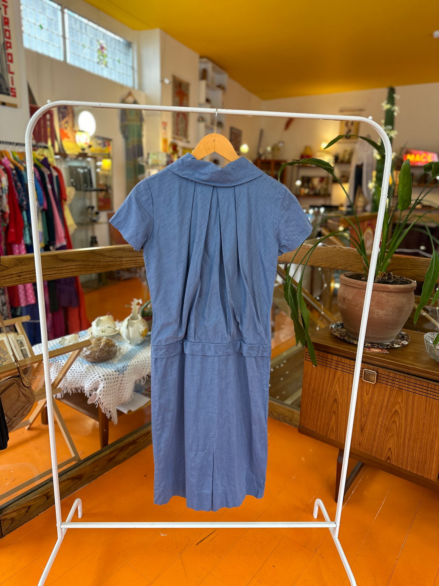 50s Blue Double Breasted Dress with bow