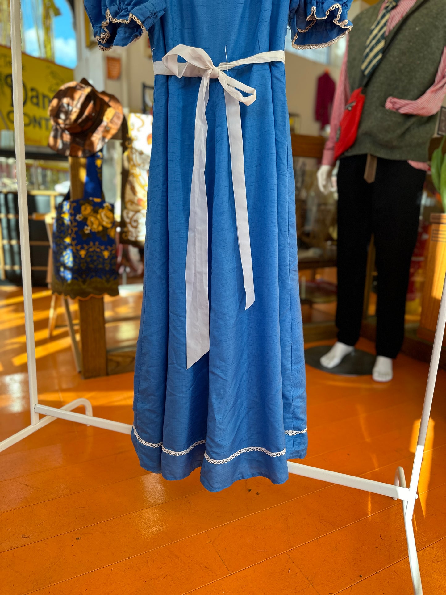 Vintage Blue Puff Sleeve Maxi Dress with Lace Trim