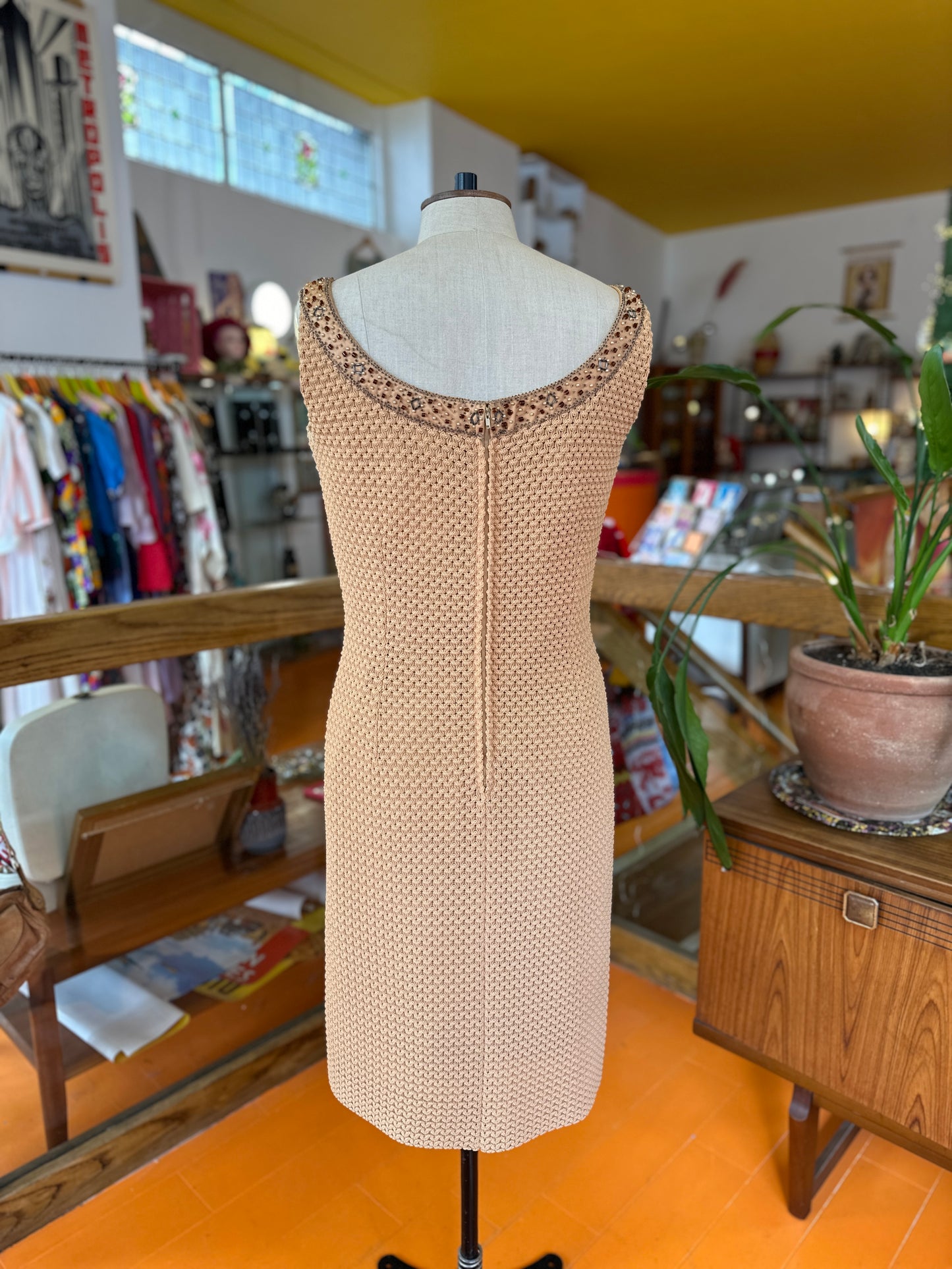 70s Shift Dress with Embellished Neckline by Dobbet