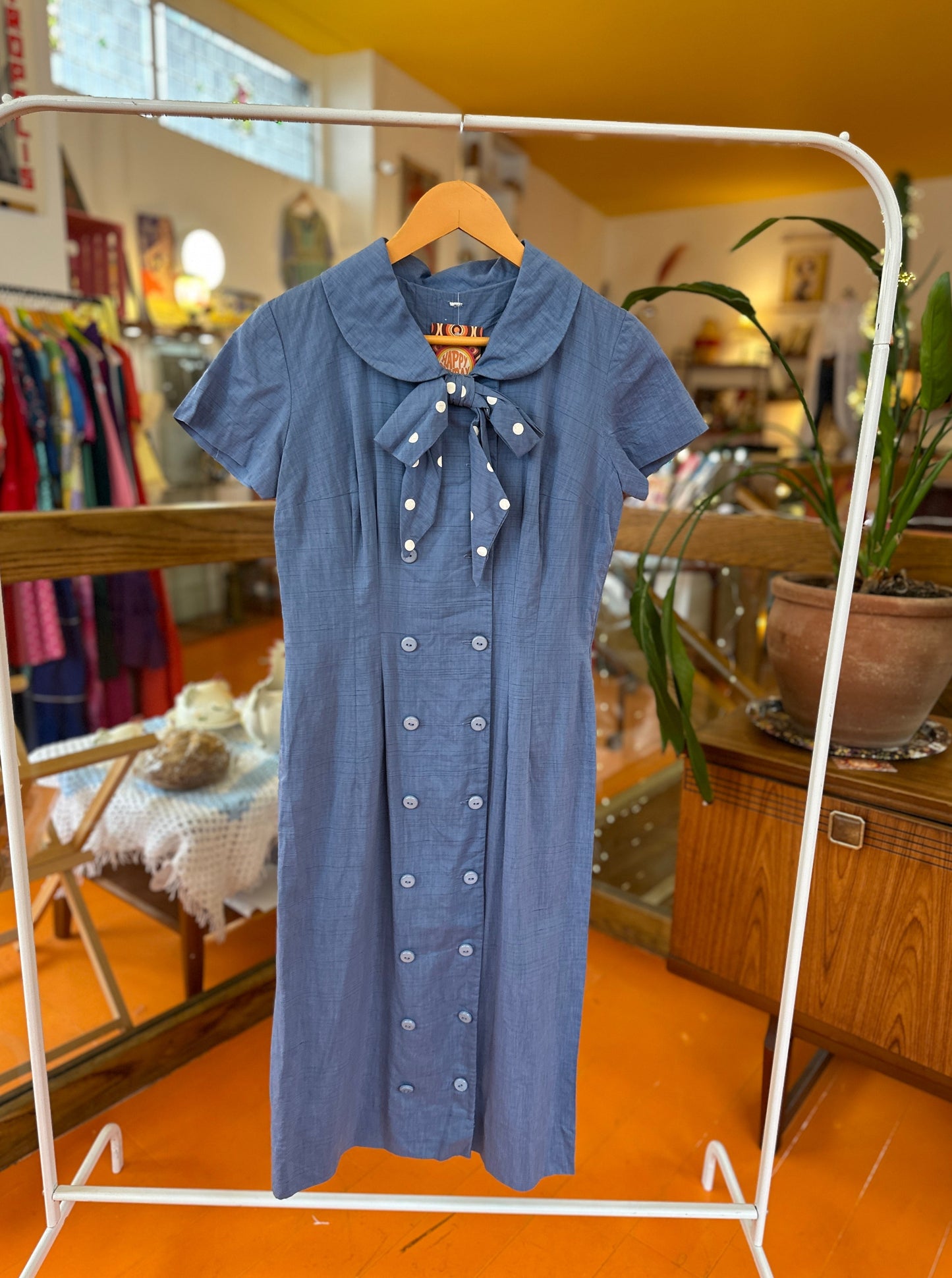 50s Blue Double Breasted Dress with bow