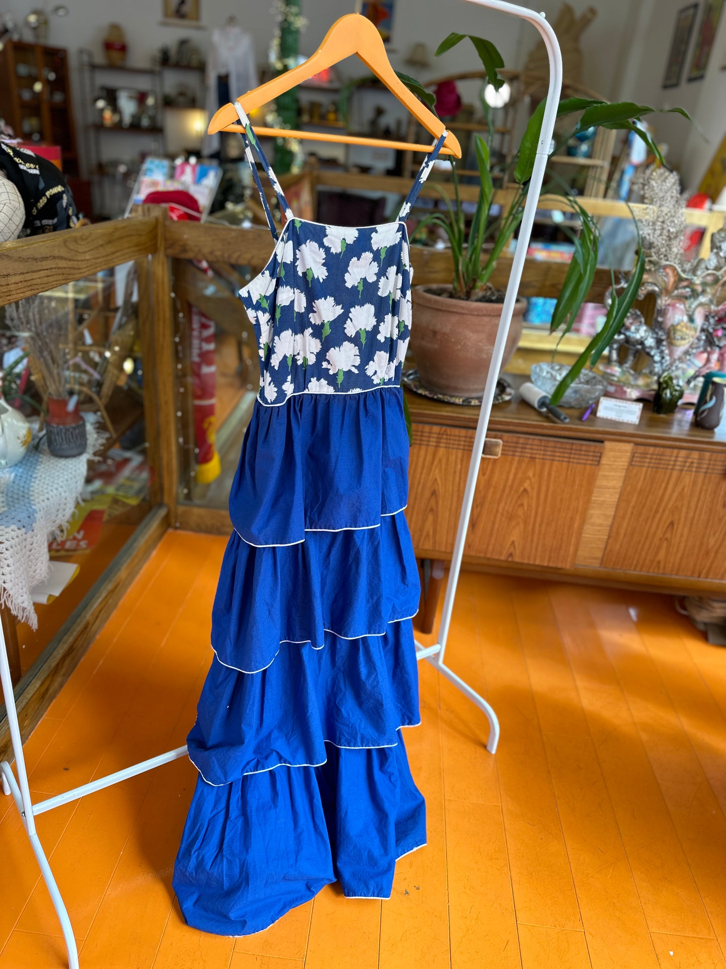 1970s Blue Tiered Strappy Dress