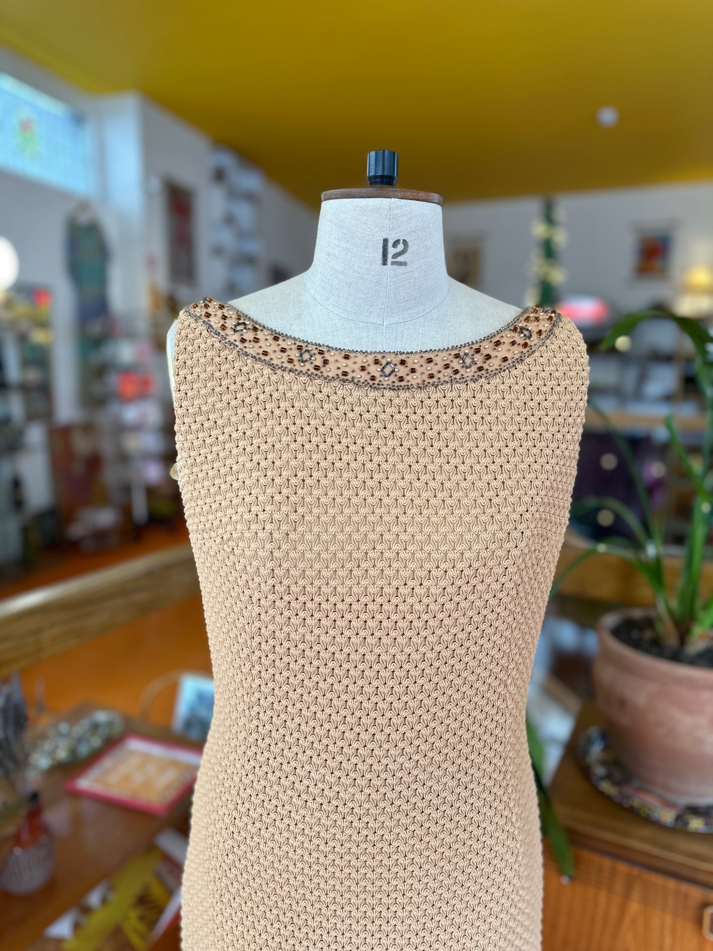 70s Shift Dress with Embellished Neckline by Dobbet