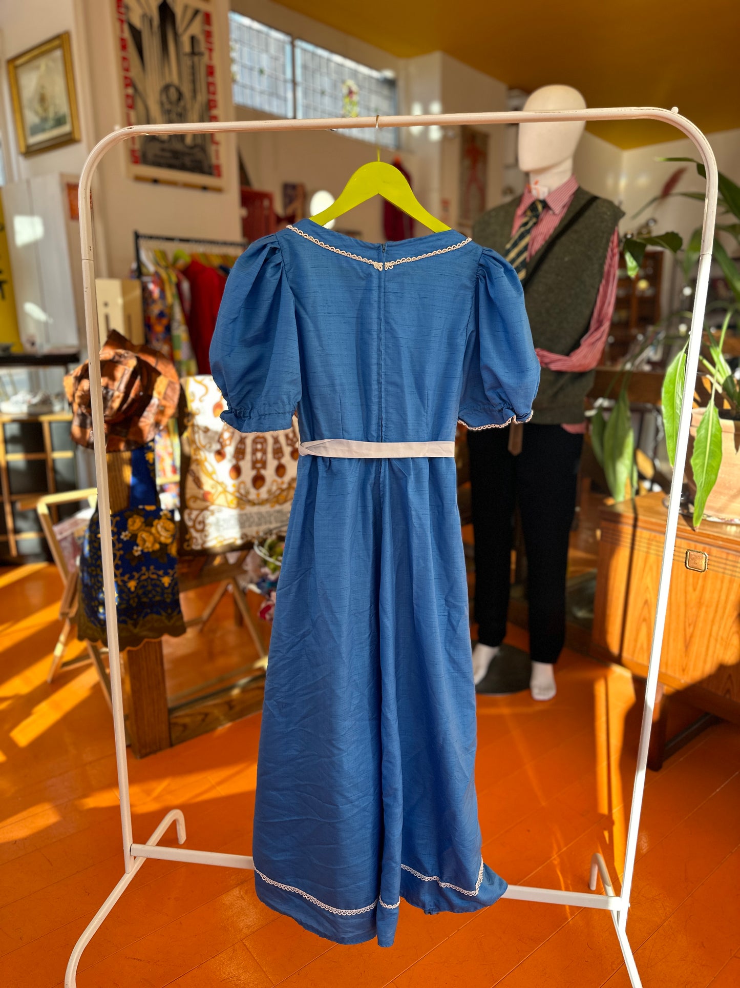 Vintage Blue Puff Sleeve Maxi Dress with Lace Trim