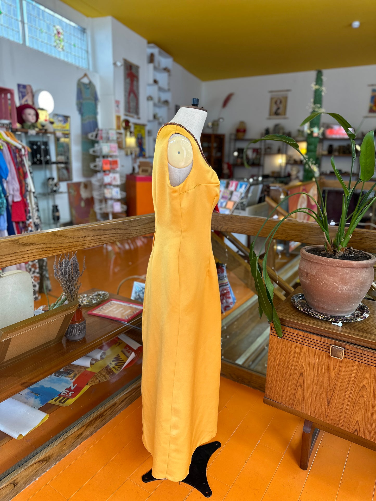 Vintage Yellow Maxi Dress with Trim Detail