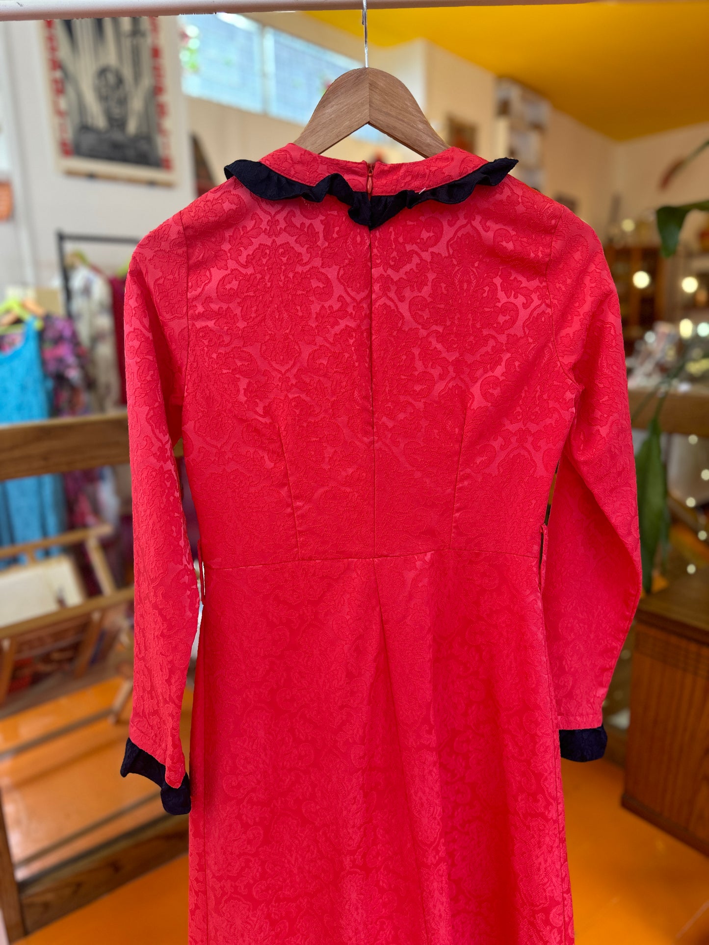 Vintage Pink Maxi Dress with Navy Frill Neck