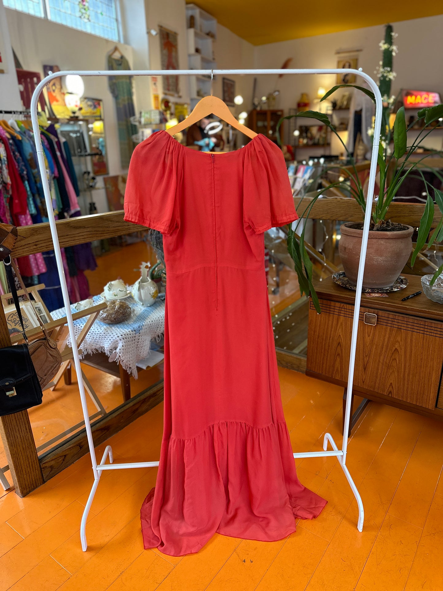 1970s Orange Coral Prairie Dress