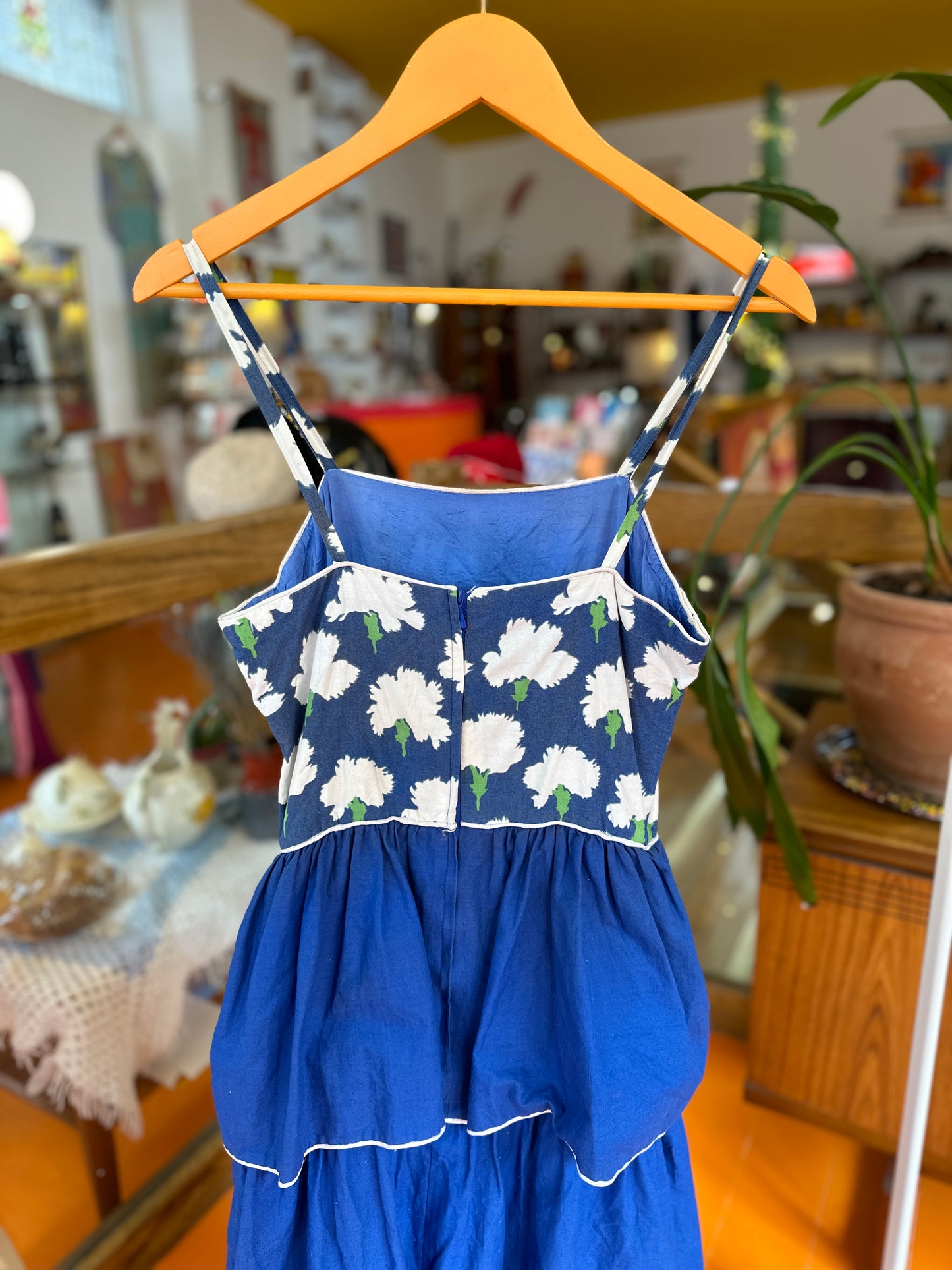 1970s Blue Tiered Strappy Dress