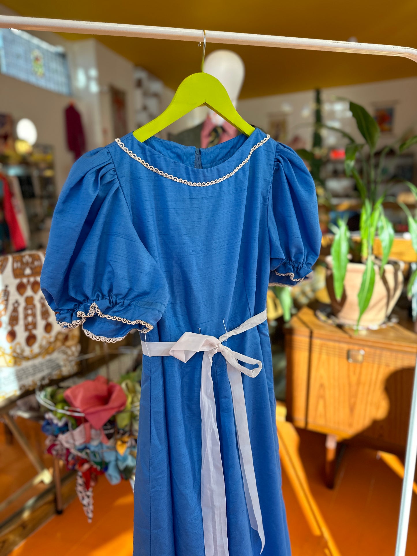 Vintage Blue Puff Sleeve Maxi Dress with Lace Trim