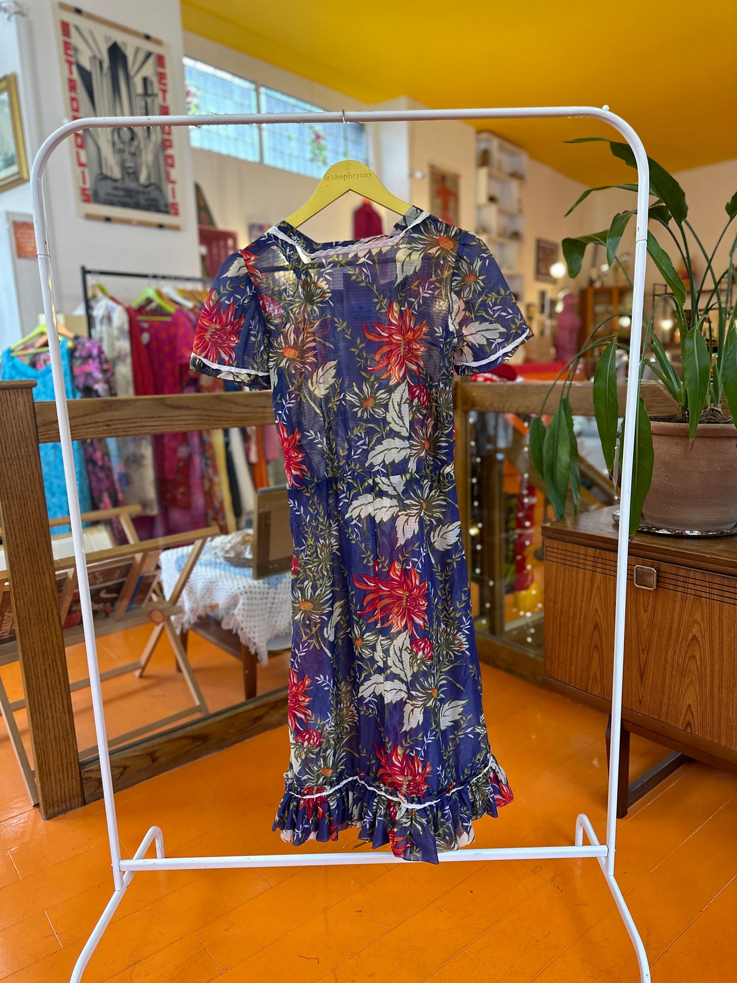 Vintage 1960s Handmade Maxi Prairie Dress in Blue Floral Print