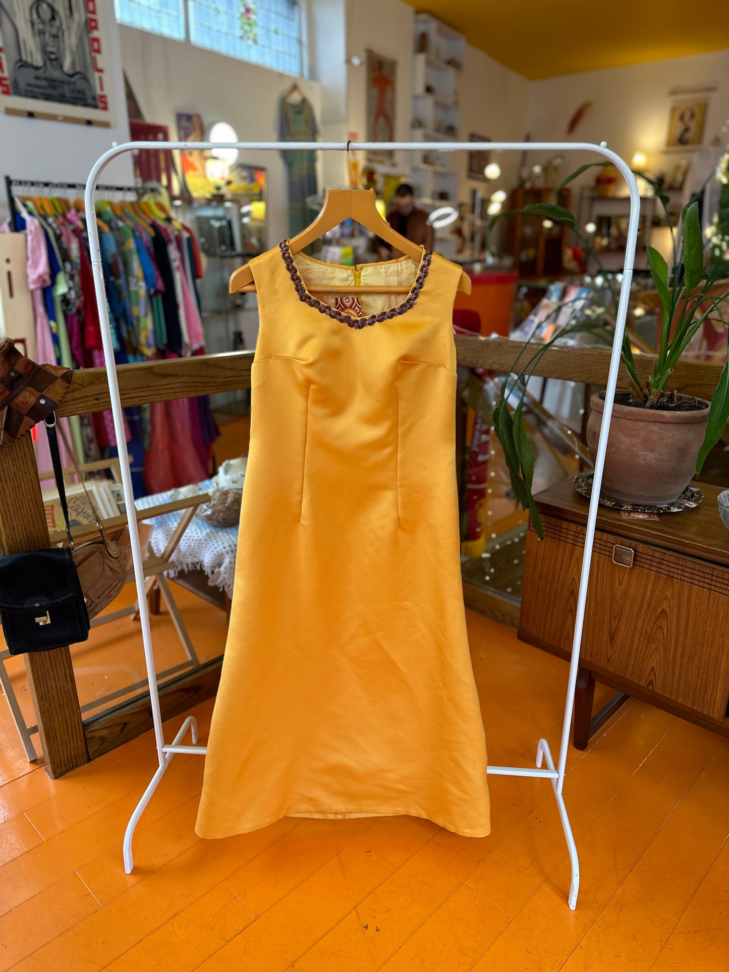Vintage Yellow Maxi Dress with Trim Detail