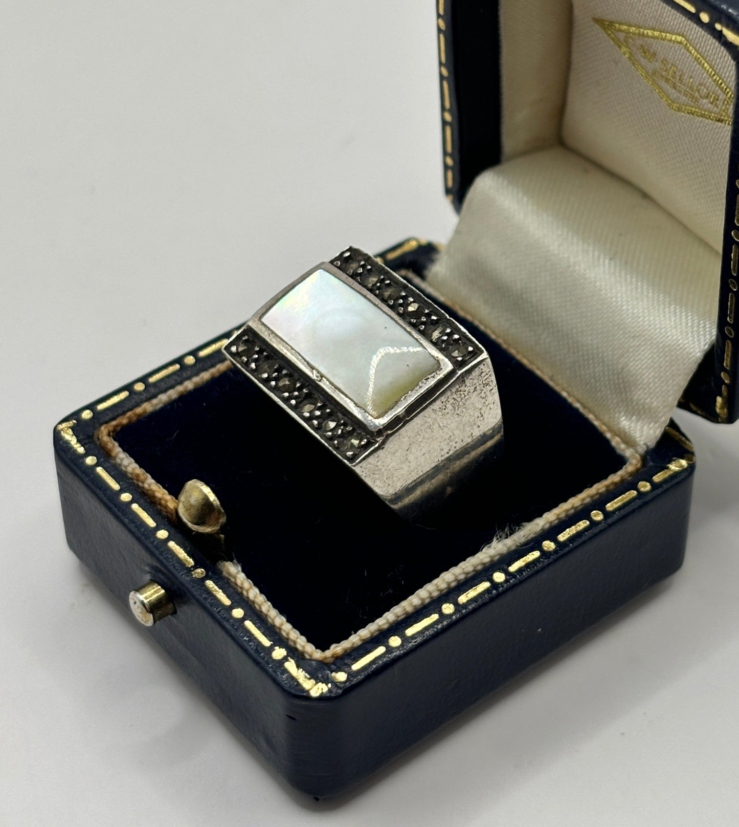 =Vintage Sterling Silver Ring with Marcasites and Mother of Pearl, Size K1/2