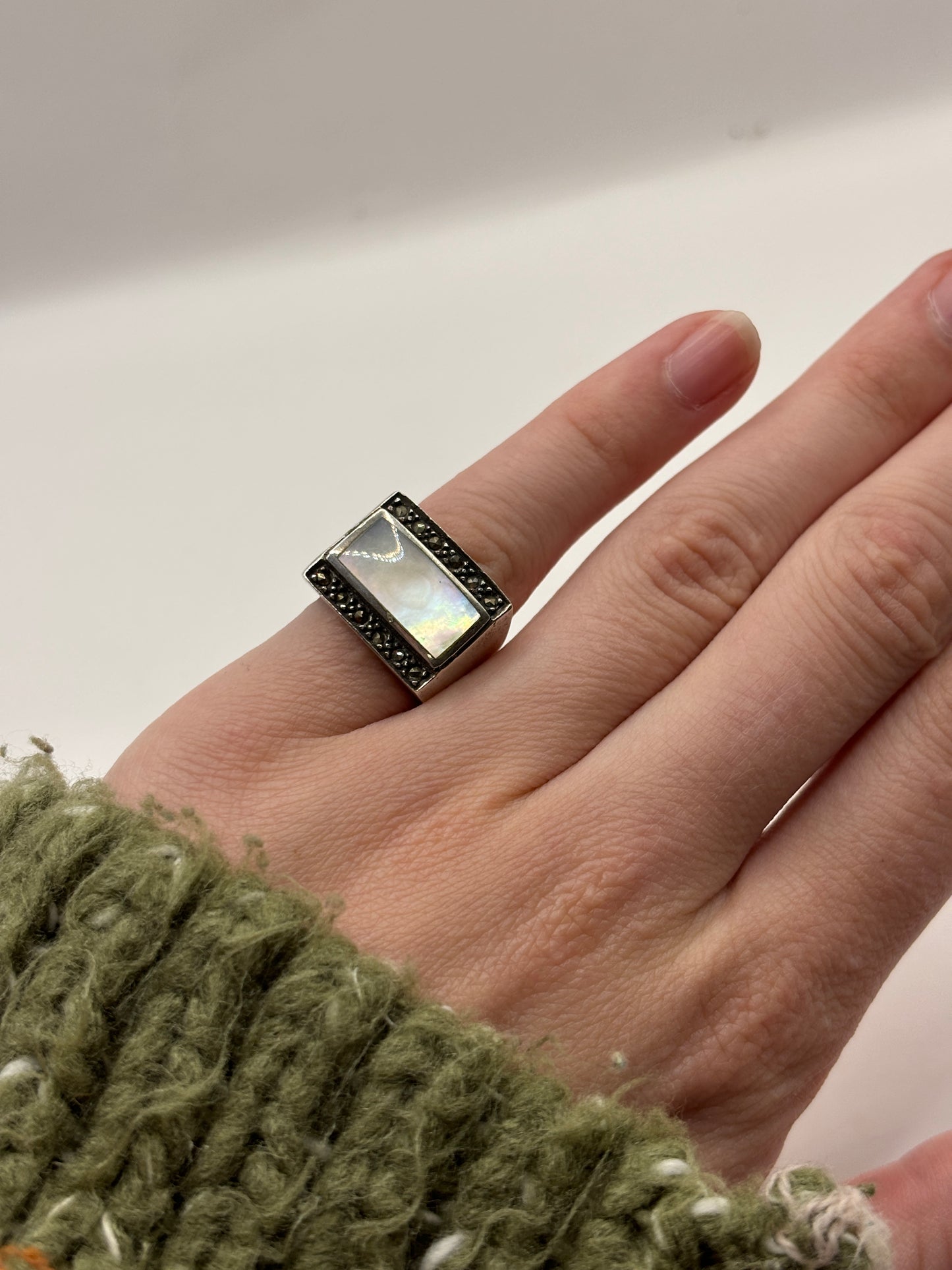 =Vintage Sterling Silver Ring with Marcasites and Mother of Pearl, Size K1/2