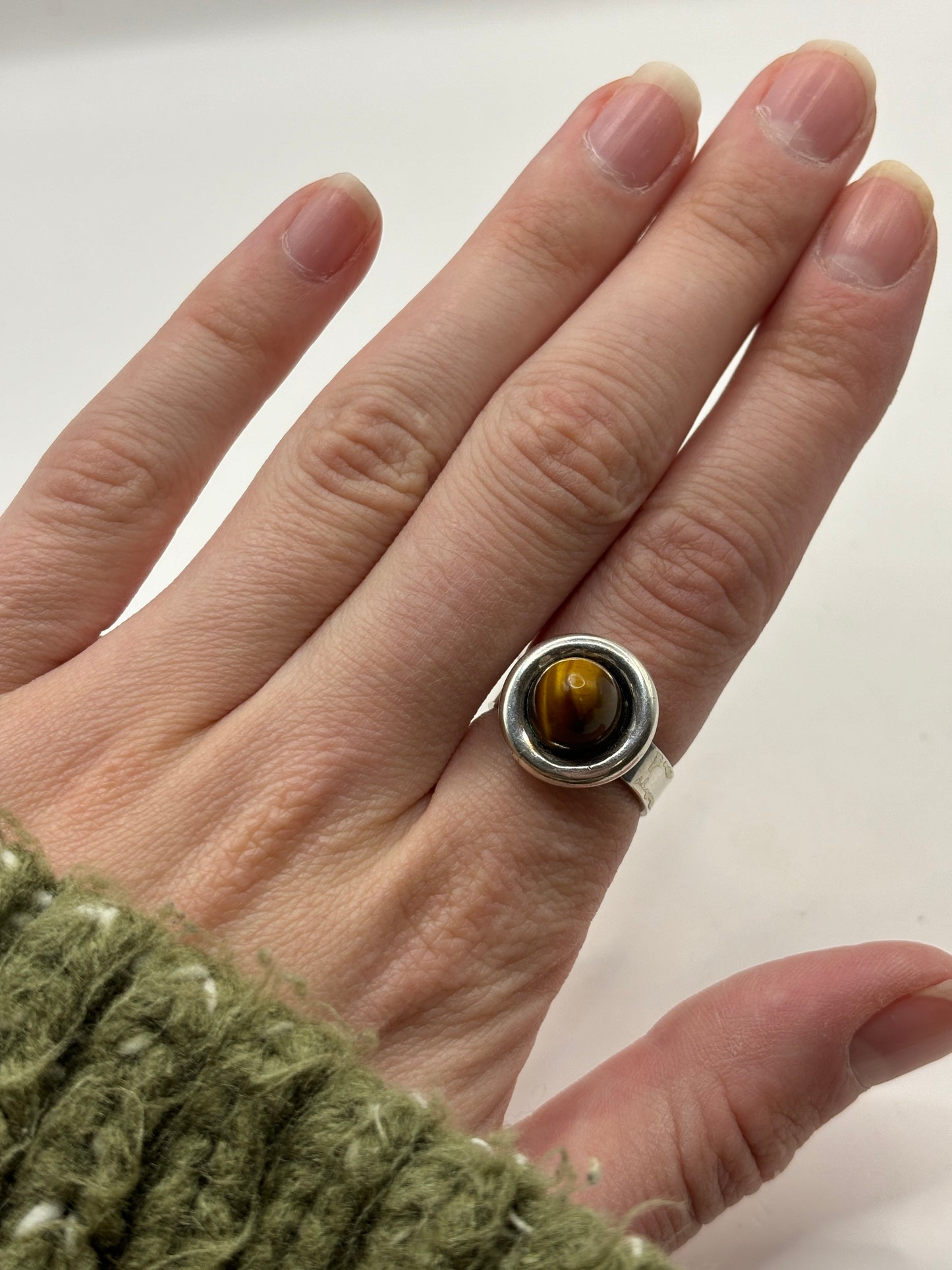 =Vintage Sterling Silver Ring with Tiger's Eye, Adjustable