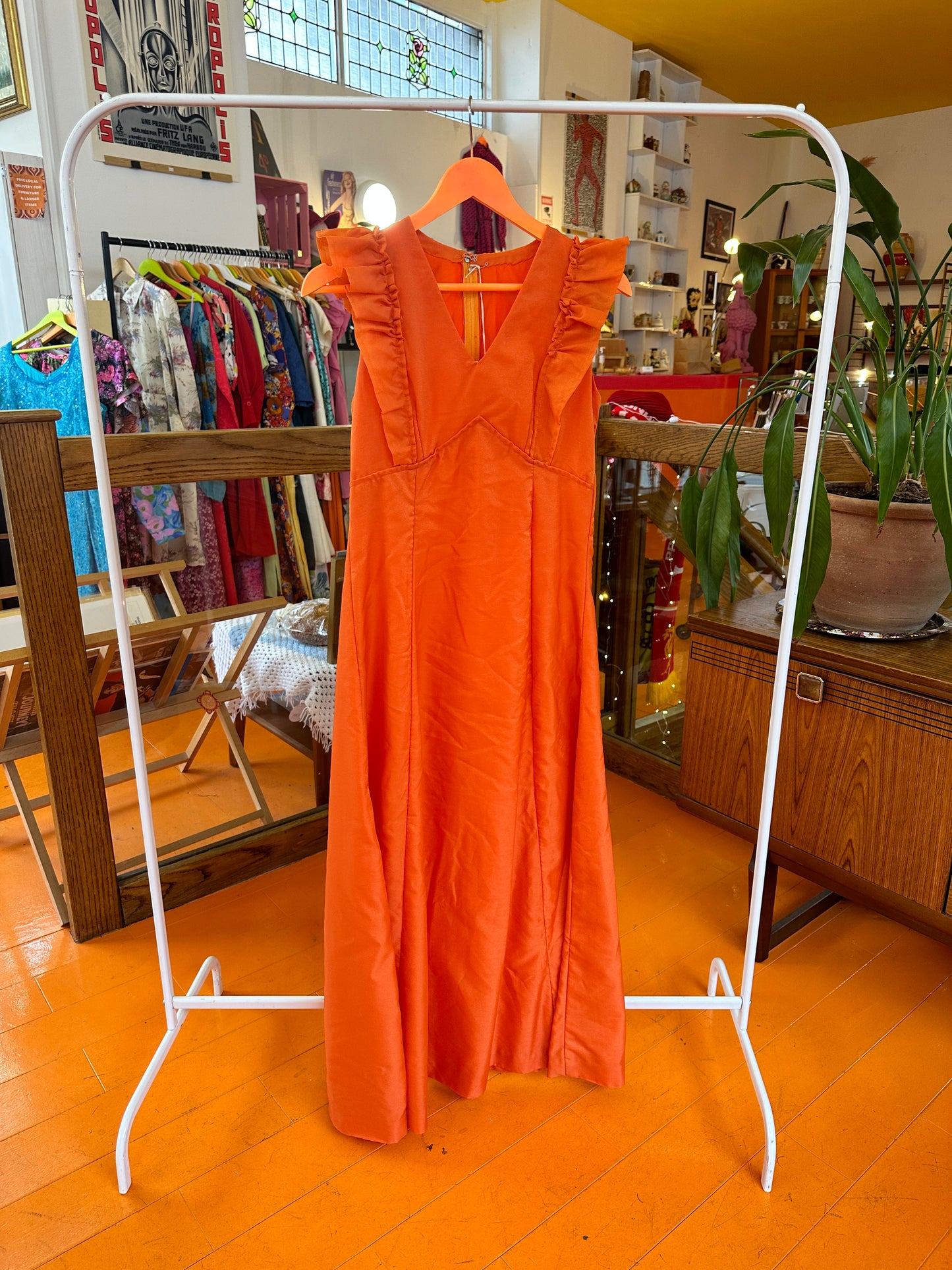 Vintage Orange Maxi Dress with Frill Details