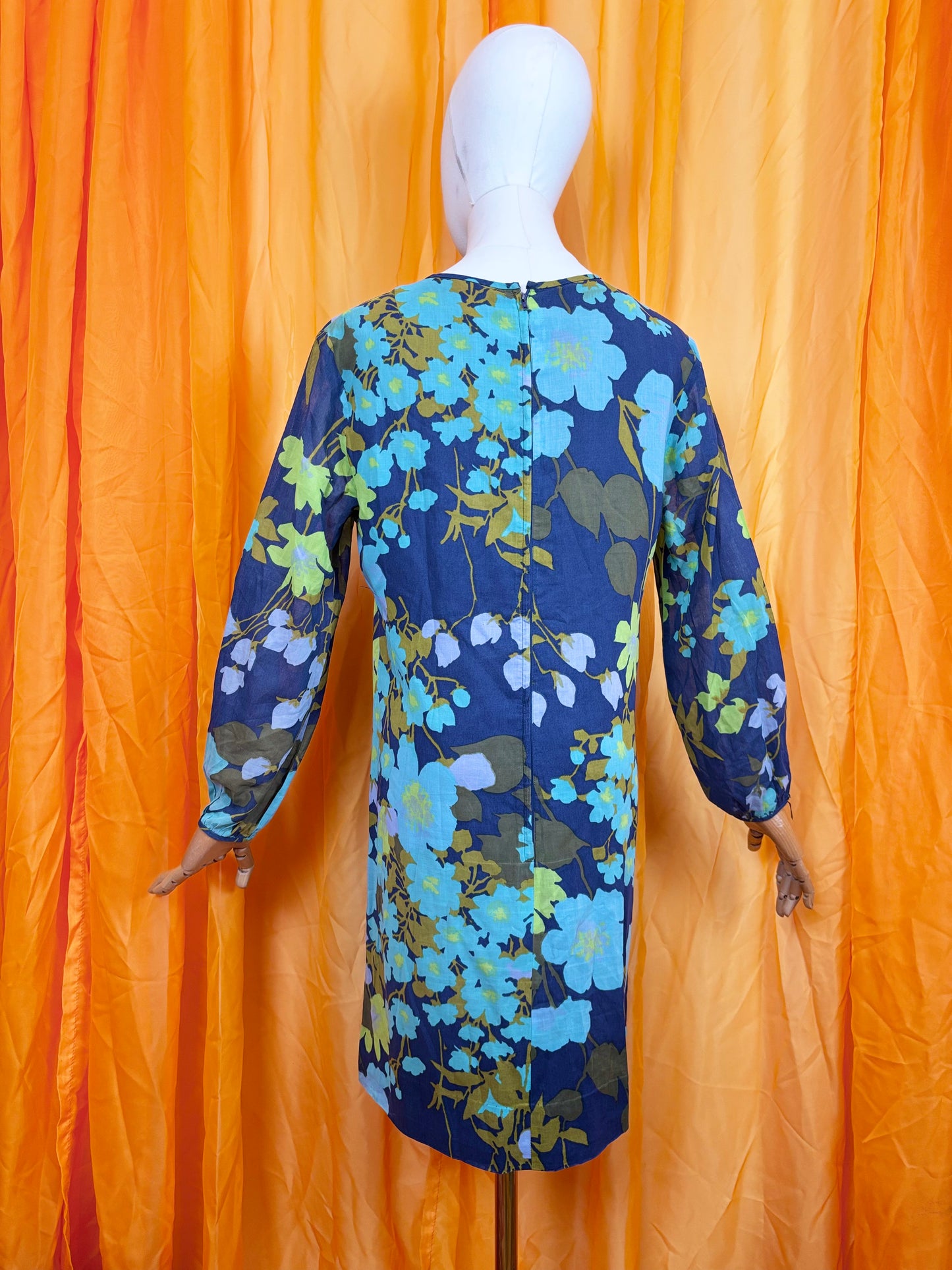 Vintage 70s Handmade Blue Floral Shift Dress UK 10-12