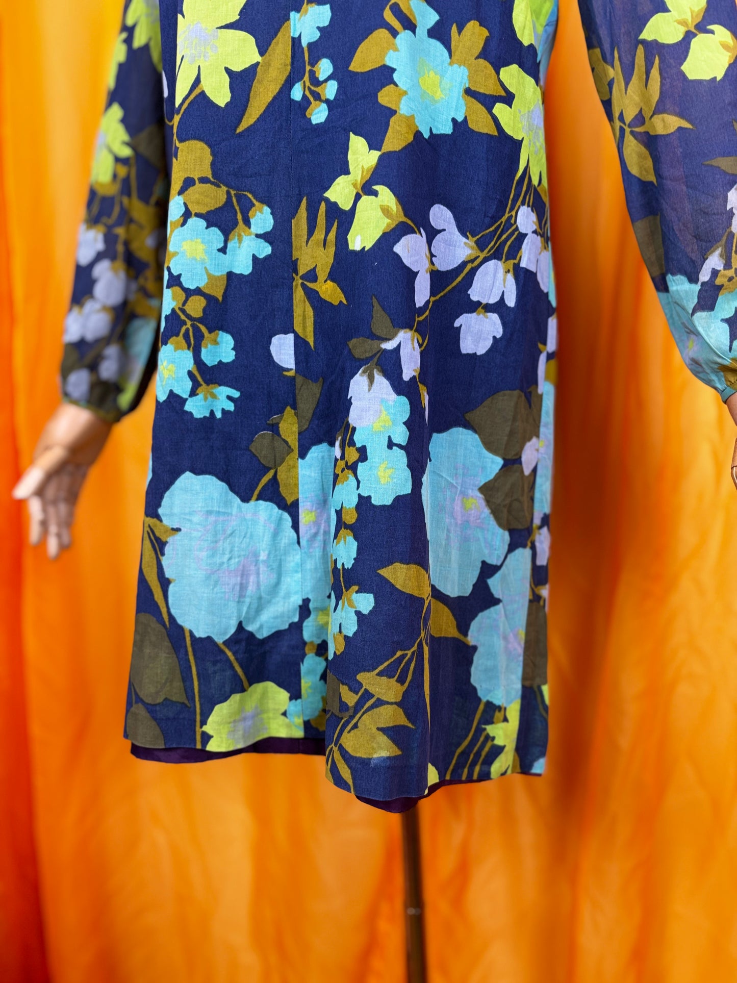 Vintage 70s Handmade Blue Floral Shift Dress UK 10-12