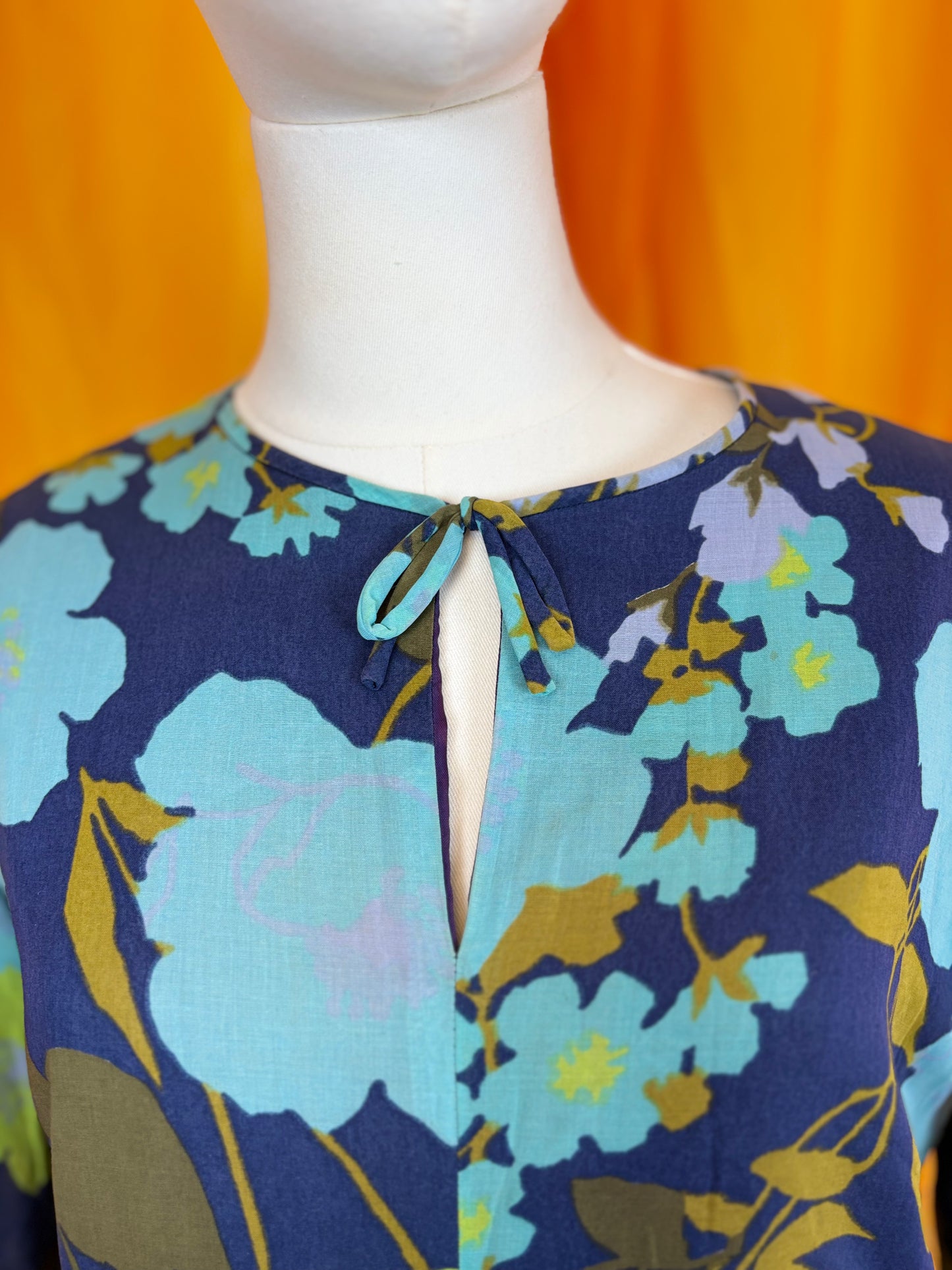 Vintage 70s Handmade Blue Floral Shift Dress UK 10-12