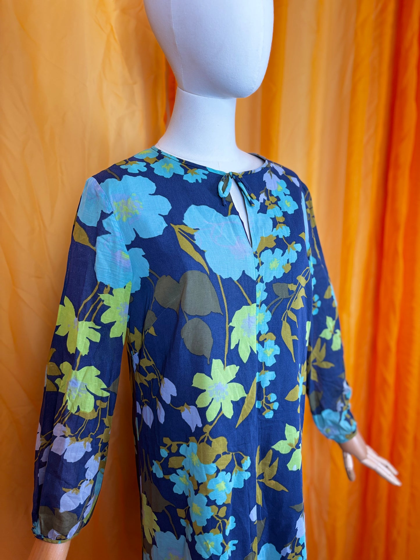 Vintage 70s Handmade Blue Floral Shift Dress UK 10-12